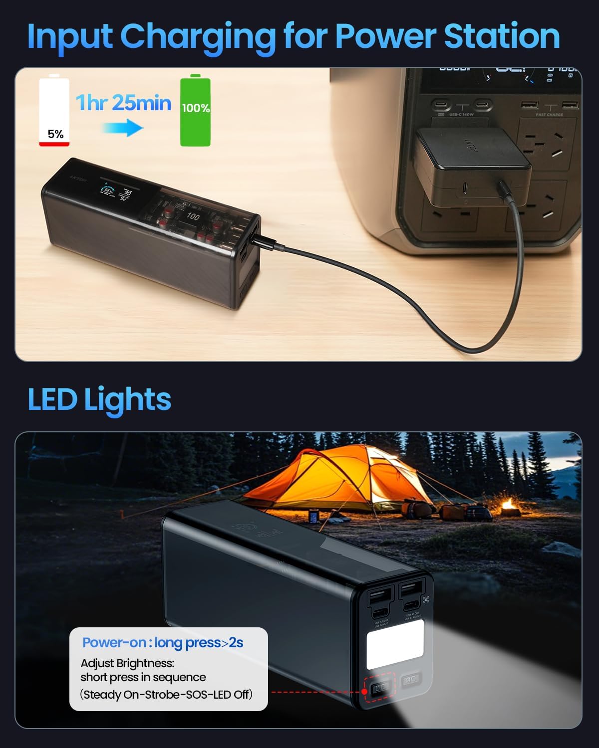 LKTOP Power Station charging and demonstrating its LED light feature in an outdoor camping setting
