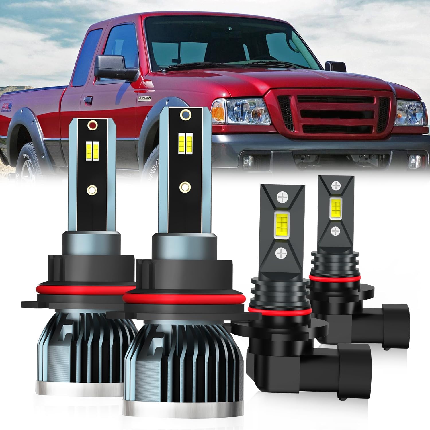 Fit For Ford Ranger 2001-2011 Light Bulbs, 9007 High Low Beam + 9145 Fog Light Bulb, 4-Pack