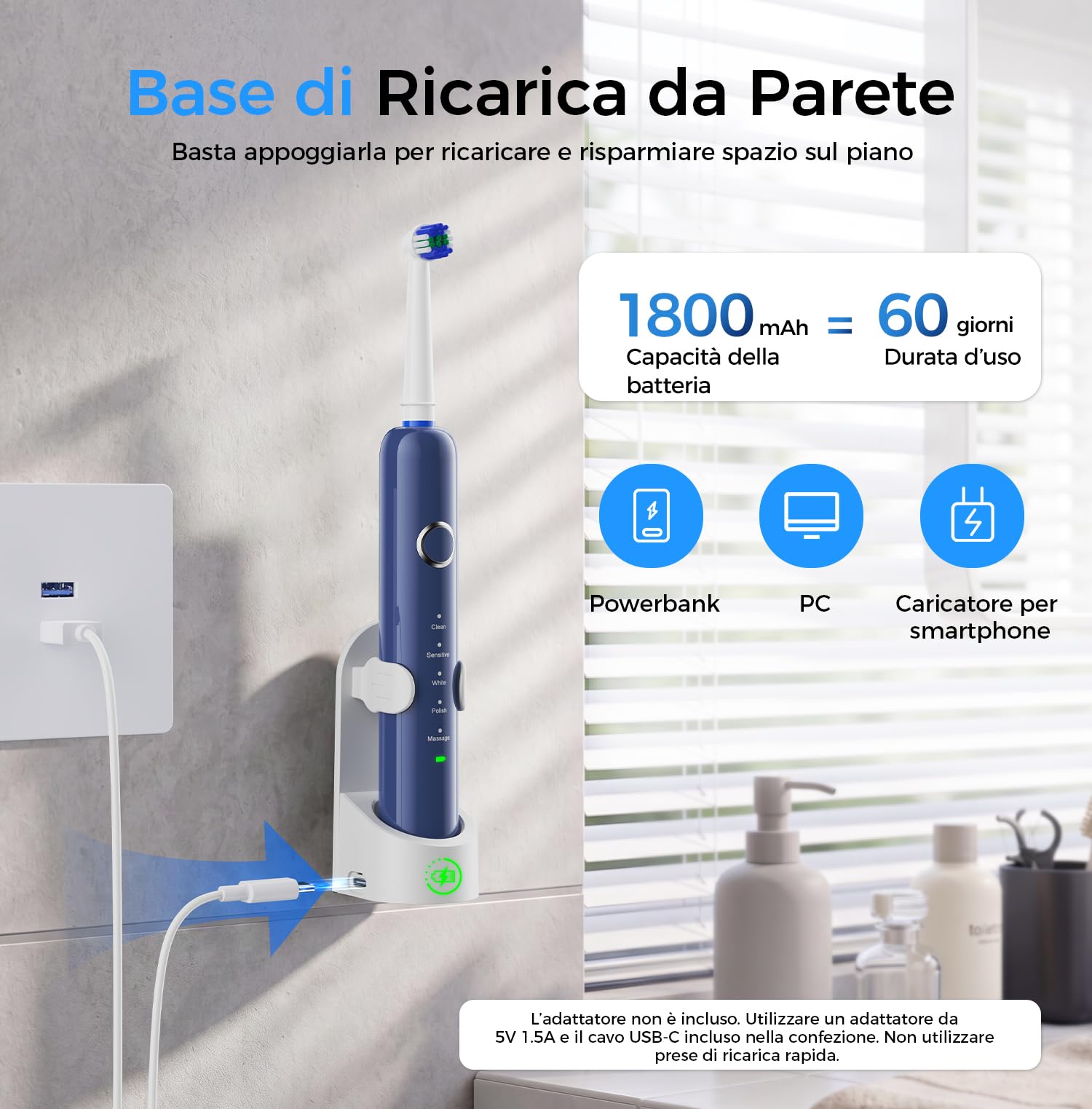 Spazzolino Elettrico Rotante per Adulti e Bambini, Blu | 5 Modalità, 8 Testine, Batteria 60 Giorni, Ricarica Rapida, 5000 RPM, Timer 2 min, IPX7 Impermeabile