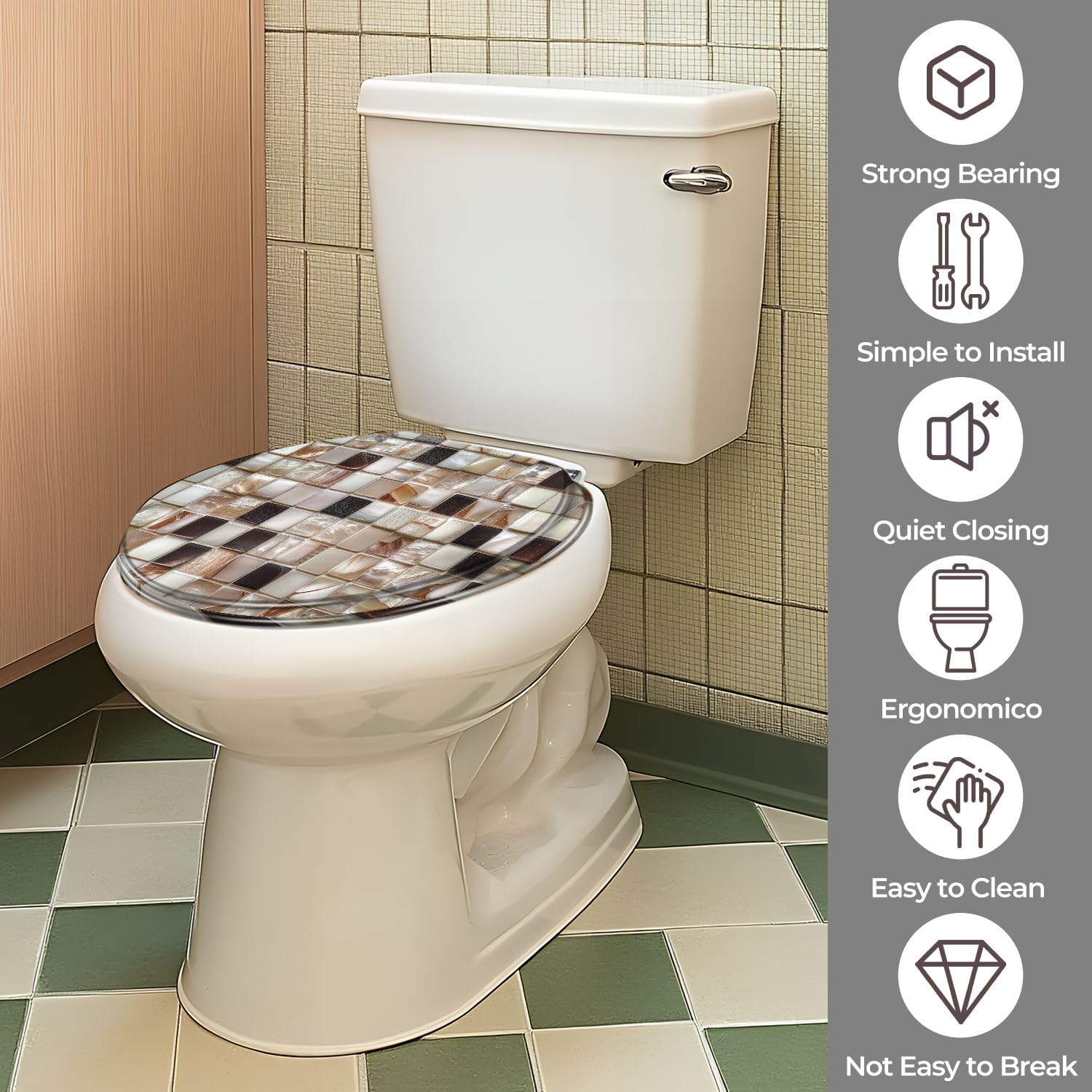 Asiento de inodoro redondo genérico de resina, con bisagras de liberación rápida, para uso en el baño.