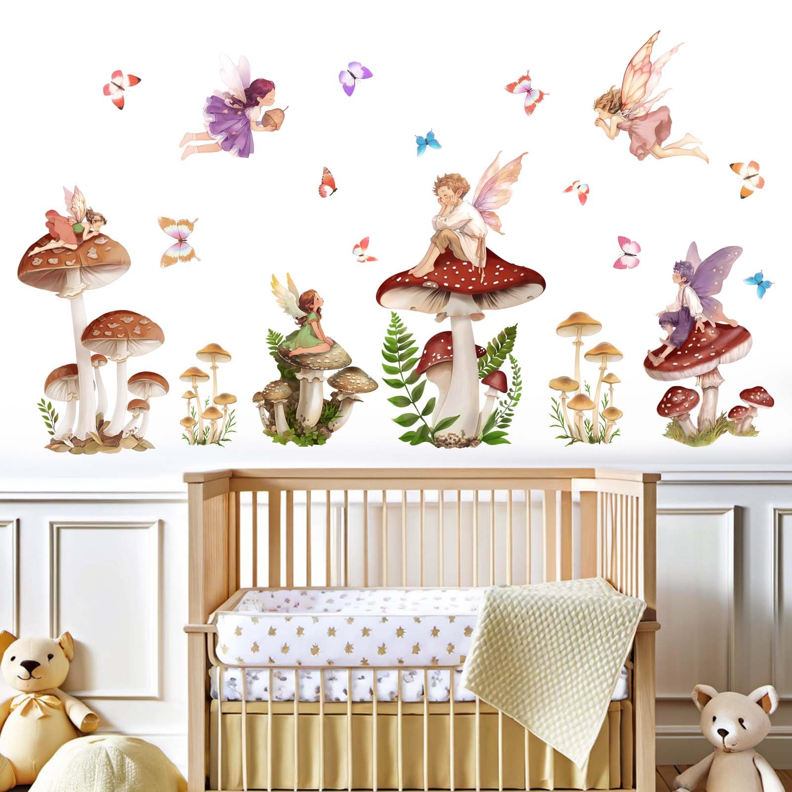 Mushroom Fairy Wall Stickers for Girls: Peel and Stick Woodland Forest Butterfly Wall Decals