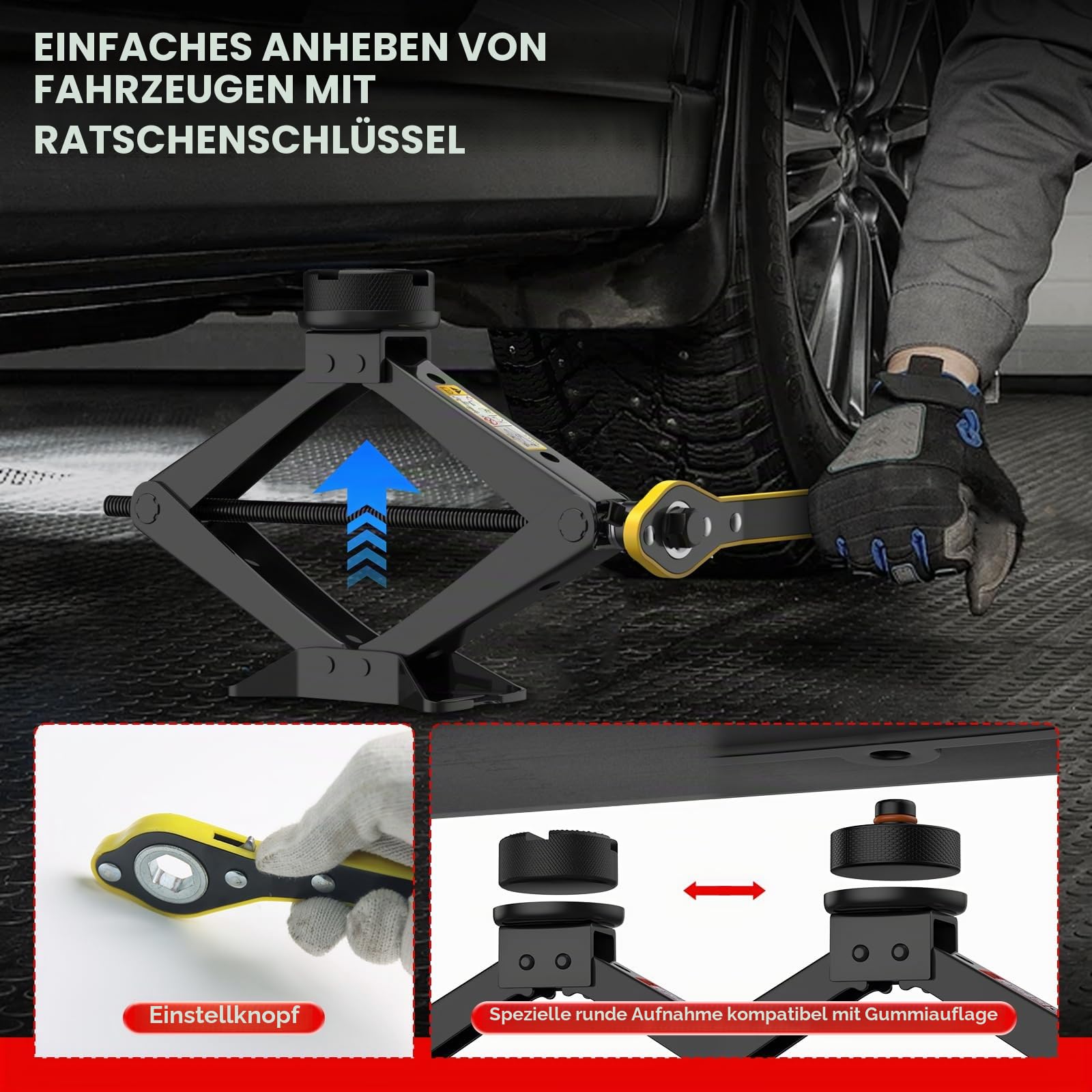 IMAYCC Wagenheber 2.5T/2500kg, Universelle Scherenwagenheber für Auto mit Gummiauflage,Tragbarer Wagenheber mit Radmutternschlüssel, Auto-Notfallset für AutoSUV MPV Tesla Ideal für Wartung Reparatur