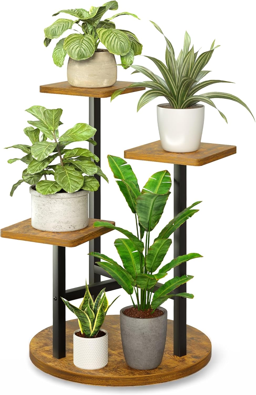 3 Tier Wood Plant Stand Indoor Outdoor, Wood Tall Plant Rack, Heavy Duty Wrought Iron Flower Pot Stand, Planter Display Rack for Living Room Balcony Garden Patio - BlackSquare