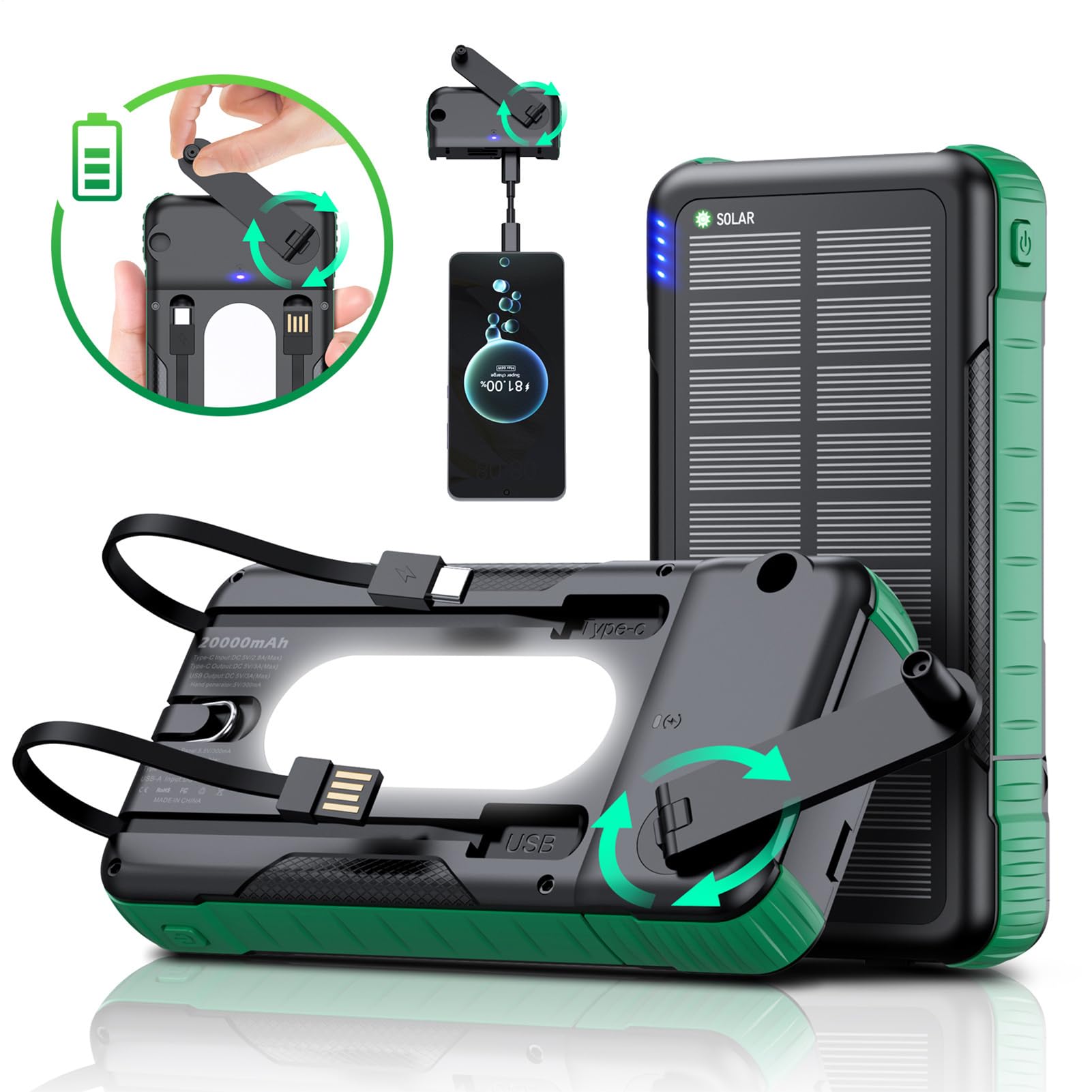 Batteria Portatile Con Pannello Solare - Power Bank Impermeabile 20000mAh - Power Bank con Manovella e Energia Solare,Per Smartphone, Fotocamera, Tablet, Campeggio, Escursionismo E Zaino In