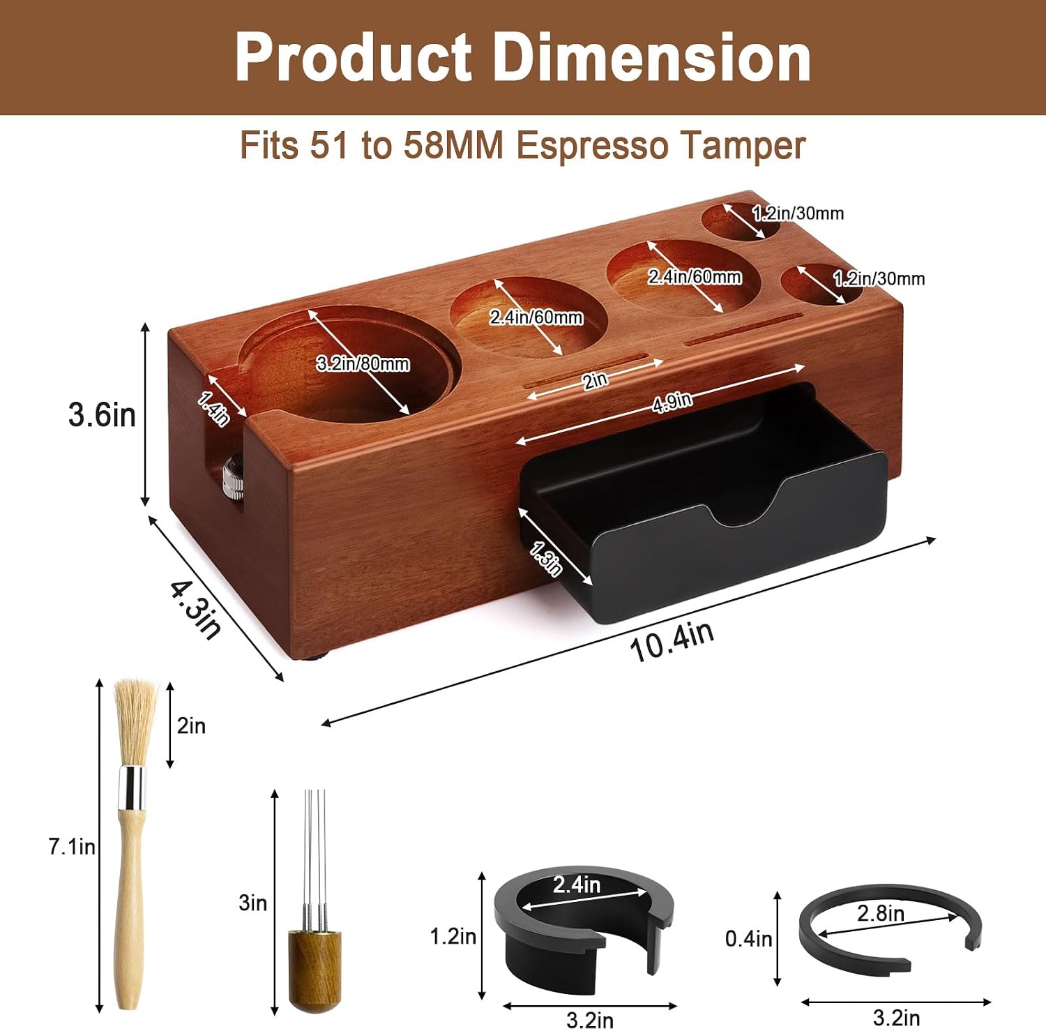 Espresso Tamping Station Wooden Coffee Tamper Station Fit for 51, 54, 58MM Espresso Accessories, Espresso Tamper Holder for Coffee Tamper Distributor Portafilter with Espresso Stirrer, Coffee Brush
