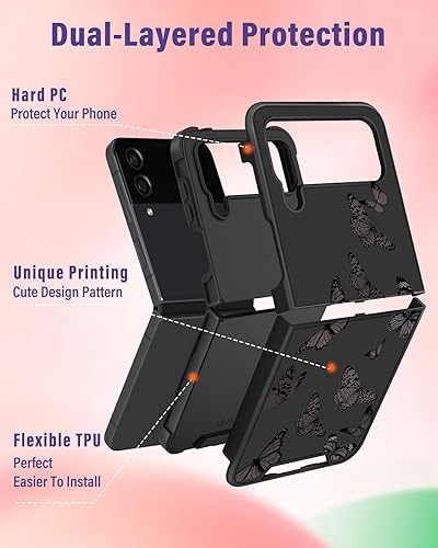 Miniatura 4 de Funda 2 en 1 para Samsung Galaxy Z Flip 4 para mujeres y niñas, bonita funda de teléfono con diseño de mariposa negra femenina con soporte de anillo