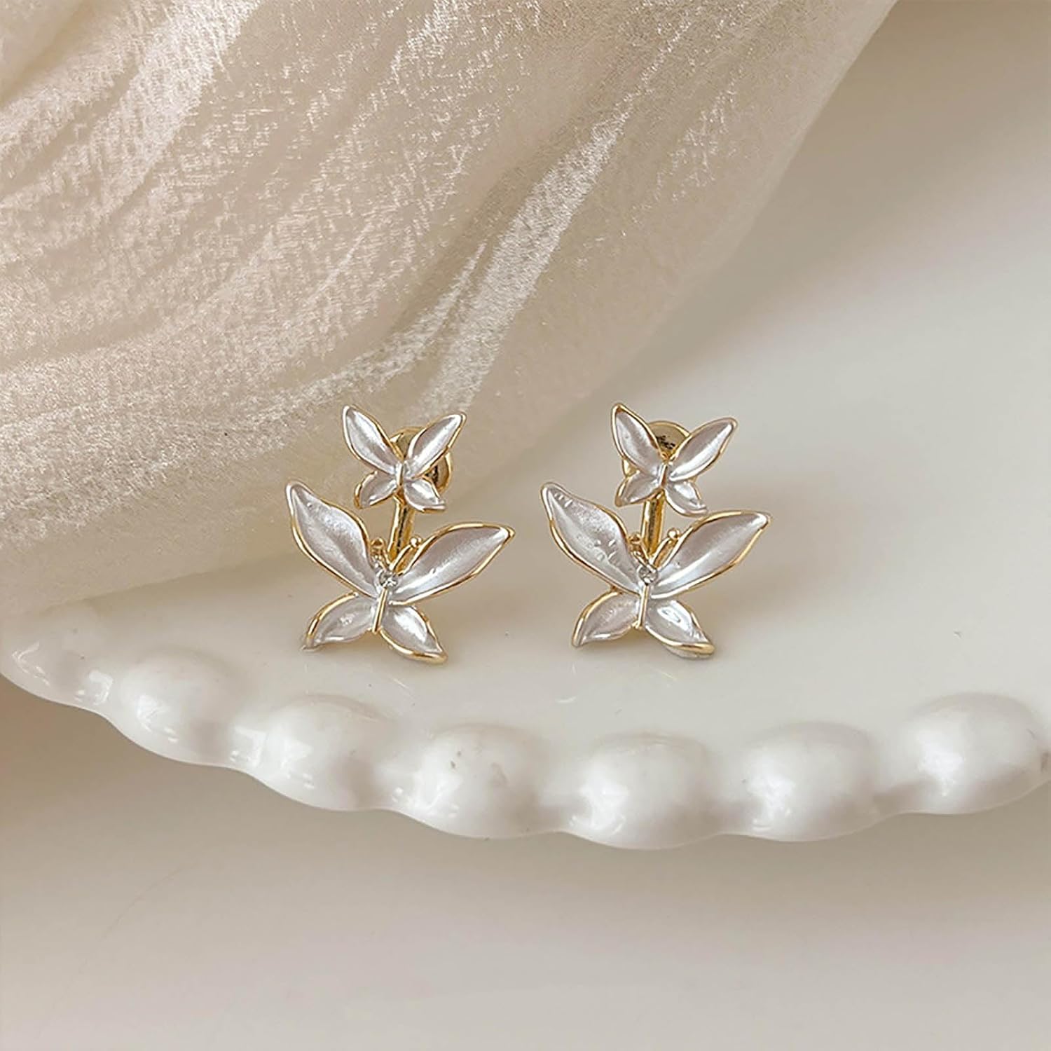 Boho Butterfly Ear Jacket Earrings Butterfly Drop Dangle Earrings White Butterfly Stud Earrings Charm Wedding Earrings Two Ways Front Back Earrings for Women and Girls Gifts - Image 3