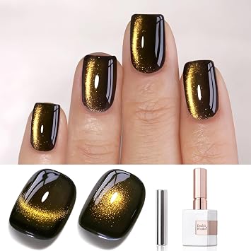 Double Rhythm Cat Eye Gel Polish with Magnet 15ML Glass Holographic Glitter Shimmer Translucent Sheer Color Salon Soak Off Magnetic at Home Black Gold-MC1146