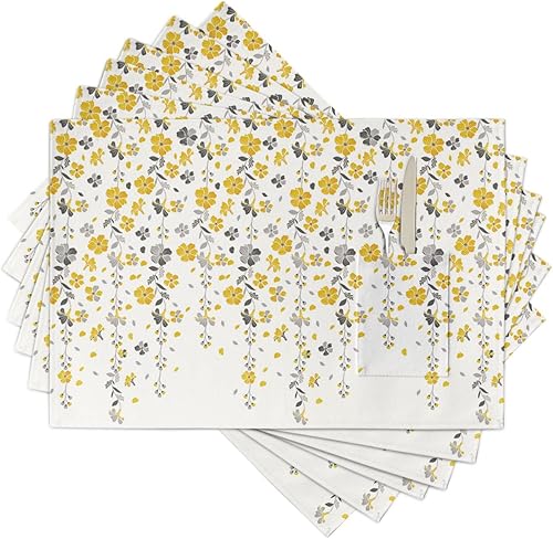 Juego de 6 manteles individuales para mesa de comedor con diseño de hojas florales, manteles individuales de algodón y lino con bolsillo, mesa