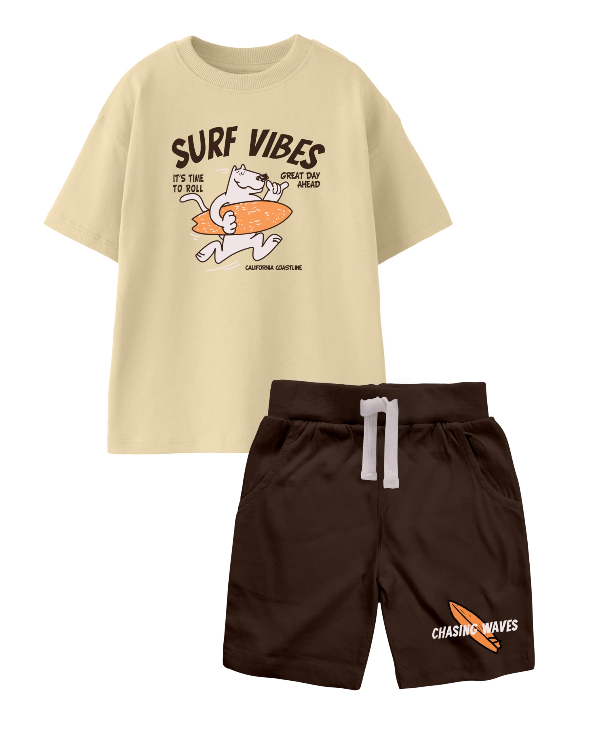 KYDA KIDS Jungen-Kleidungs-Set, 100 % reine Baumwolle, übergroß, halbe Ärmel und Shorts, bedruckt für Jungen