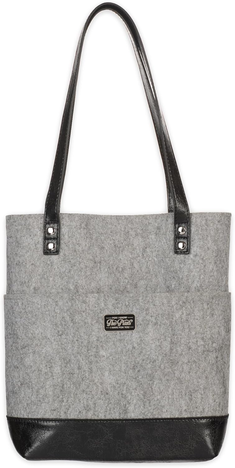 Christian Art Gifts Felt and Faux Leather Bible Tote for Women: Metal Jeremiah 29:11 Badge, Pockets and Magnetic Button Closure, Black and Gray, One Size Carry Bag for Books, Supplies and Shopping