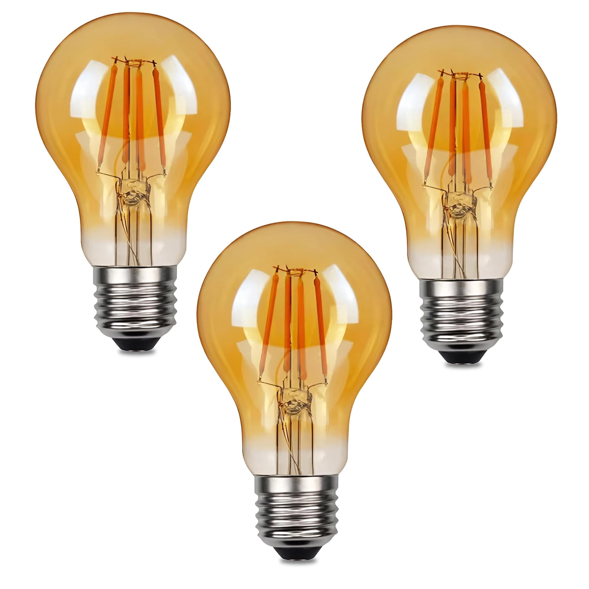 LEDSone E27 LED Edison Screw Filament Bulb, 4W, 450LM, Warm White 2700K, A60 Vintage Amber Glass Globe Energy Saving Light Bulbs, Dimmable, Pack of 3 (A60 E27 3pcs)