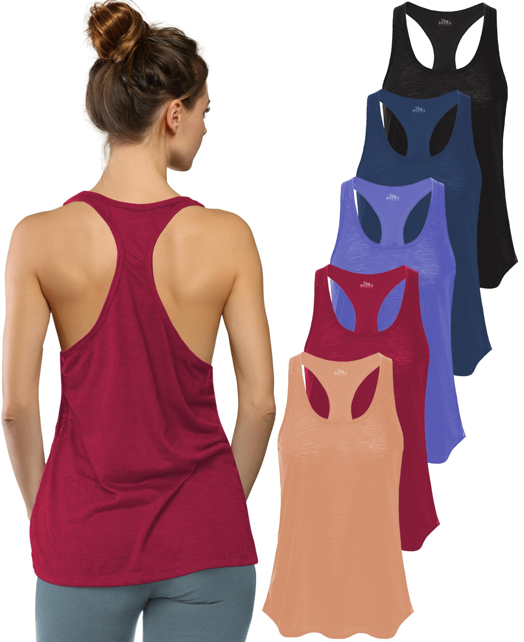 Sexy Basics Women's Everyday Flowy Burnout Slub Racer Back Tanks | Active Workout Tops | Multi Packs &amp; Colors