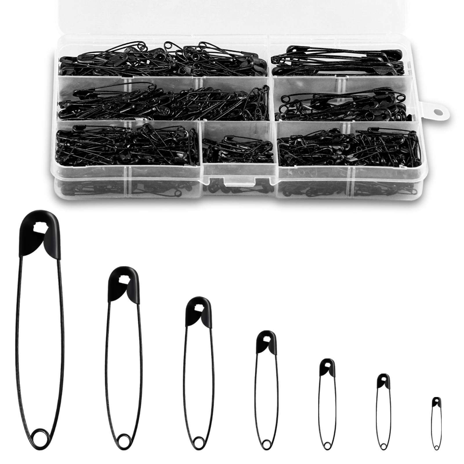 650Pcs Black Safety Pins Assorted 7-Sizes- Nickel Plated Steel Large Safety Pins Strong Small Safetypins for Clothes for Art Crafts DIY Pinning Hemming Dressmaking Sewing