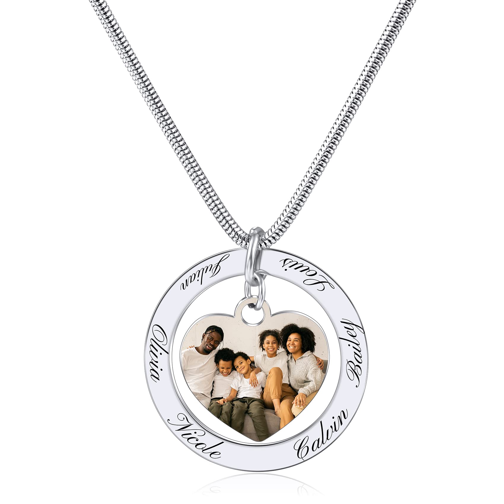 MunkiMixPersonalizado Corazón/Redondo Colgante con Foto con 6 Nombres Externos Collar Circular Acero Inoxidable Joyería Personalizada Regalo para la Familia/Amigos/Abuela/Madre