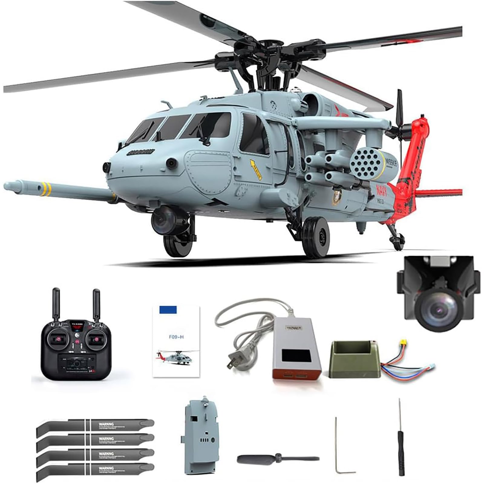 Generico Elicottero RC con Telecamera FPV per Adulti, F09-H SH60 2.4G 8CH Motore Senza spazzole Elicottero Militare, 6G/3D Stunt Copter RC Modello di aeromobile con Controller