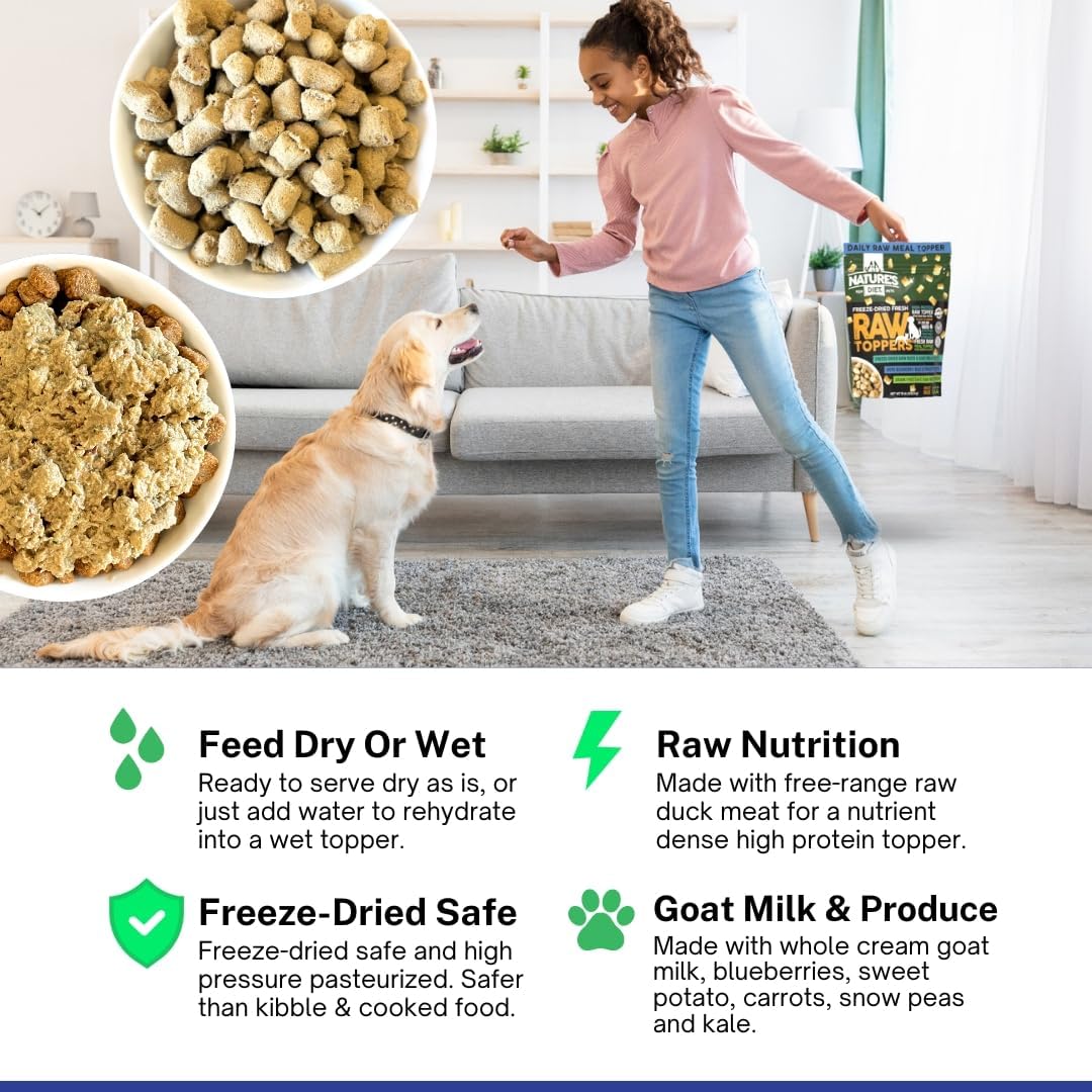 Nature's Diet® Free Freeze-Dried Raw Food Topper for Dogs & Cats with Duck, Sweet Potato, Goat Milk, Blueberries Ready to Serve or Rehydrate with Water High Protein Raw Meat Daily Meal Topper