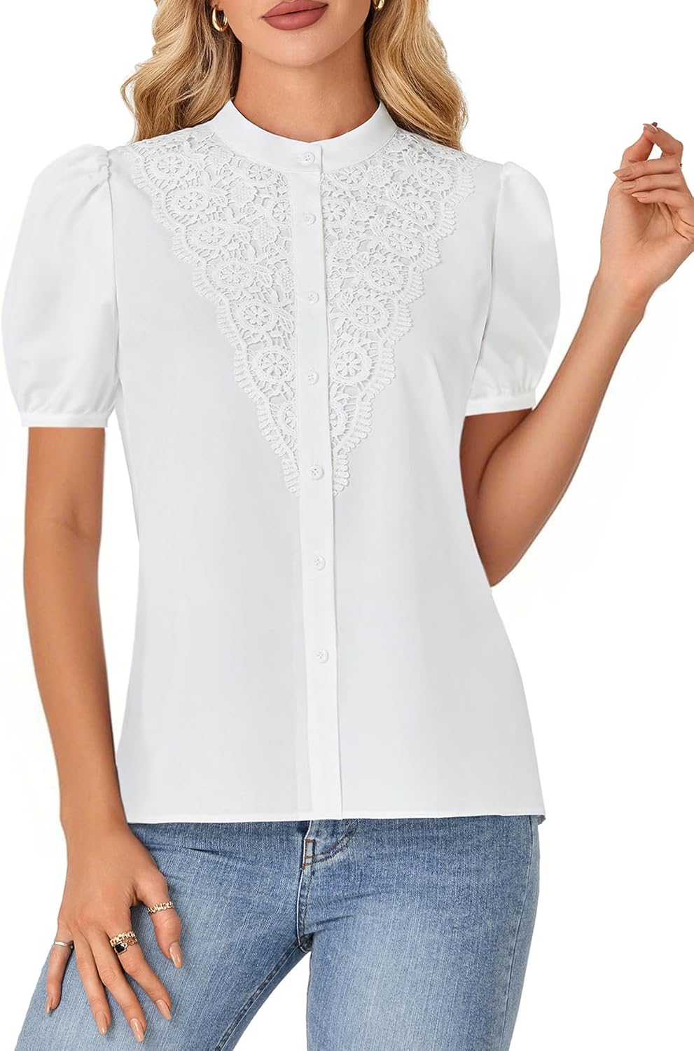 Rooscier Women's Lace Mock Neck Puff Sleeve Button Down Elegant Blouse Shirt Top - Image 2