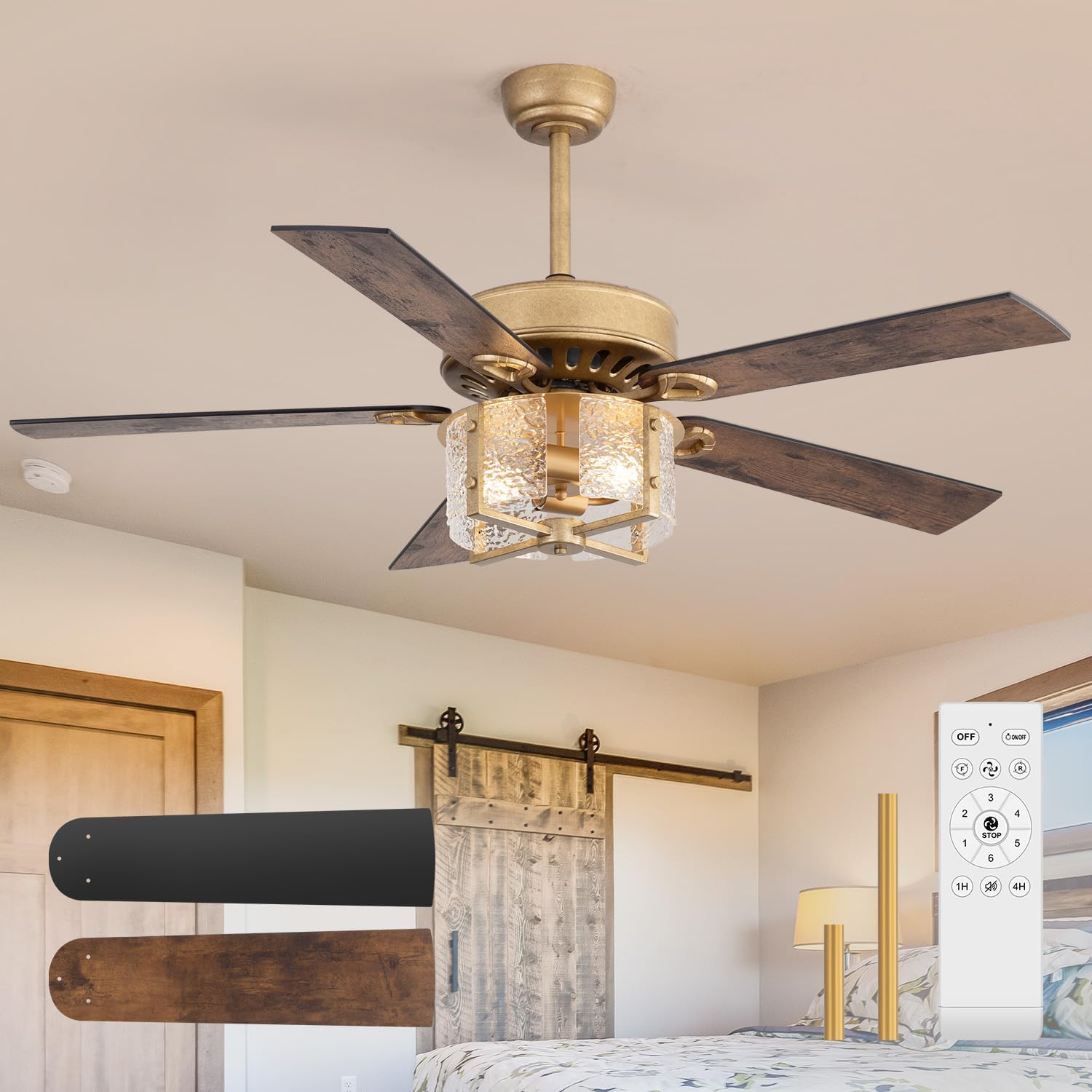 52 Inch Rustic Farmhouse Ceiling Fan with Light Kit & Remote, Ultra Quiet DC Motor, Reversible 5-Blade Design, Antique Light Fixture, Dual Downrod for Low/High Ceilings - Vintage Black Gold