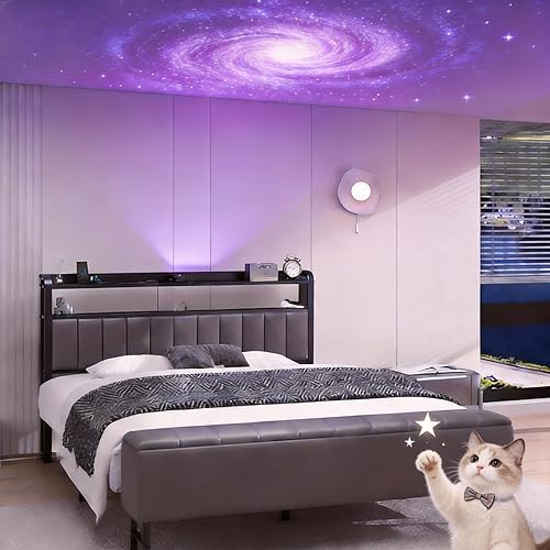 Base de cama de tamaño matrimonial con proyector de estrellas y estación de carga, plataforma tapizada de piel sintética con cabecera de