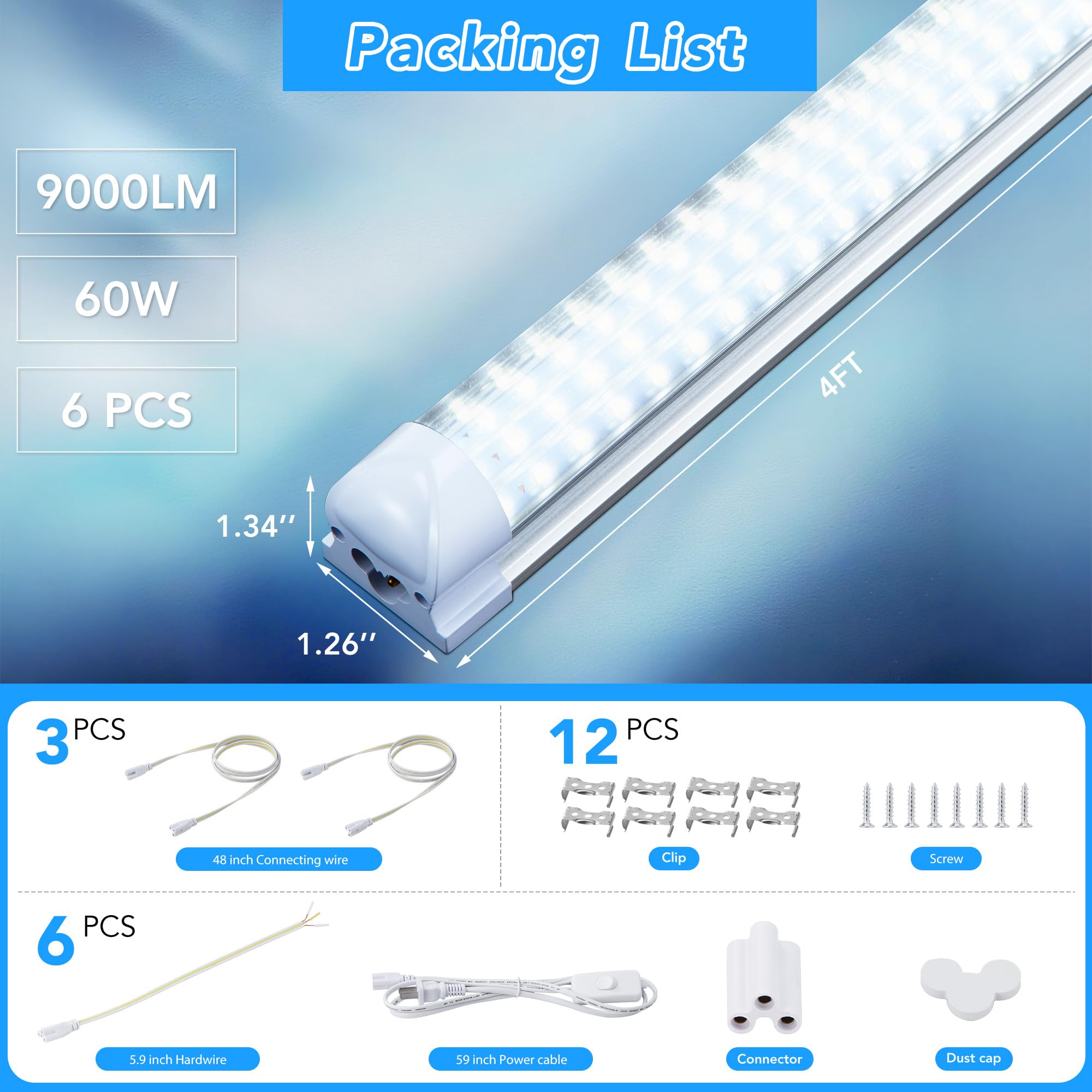 T8 LED Shop Lights 4FT Garage Light 6 Pack 60W 9600LM 6000K Daylight Work Lights Ceiling LED Linkable — view 5