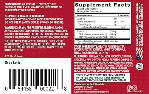 Miniatura 2 de Basic Brands Smart Heart - Aceite de pescado omega-3 inodoro de 1000 mg – Triple fuerza EPA y DHA, sin OMG, apoyo cardíaco y cognitivo – 90 cápsulas