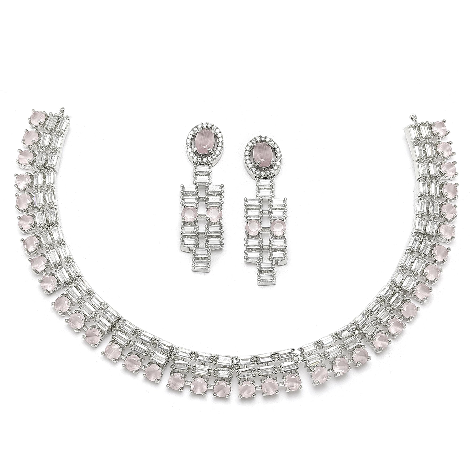 ZENEME Rhodium-Plated Round Shape American Diamonds Studded Necklace With Earrings Jewellery Set For Girls and Women (Pink) (B0CGSLTF22) Amazon Price History, Amazon Price Tracker