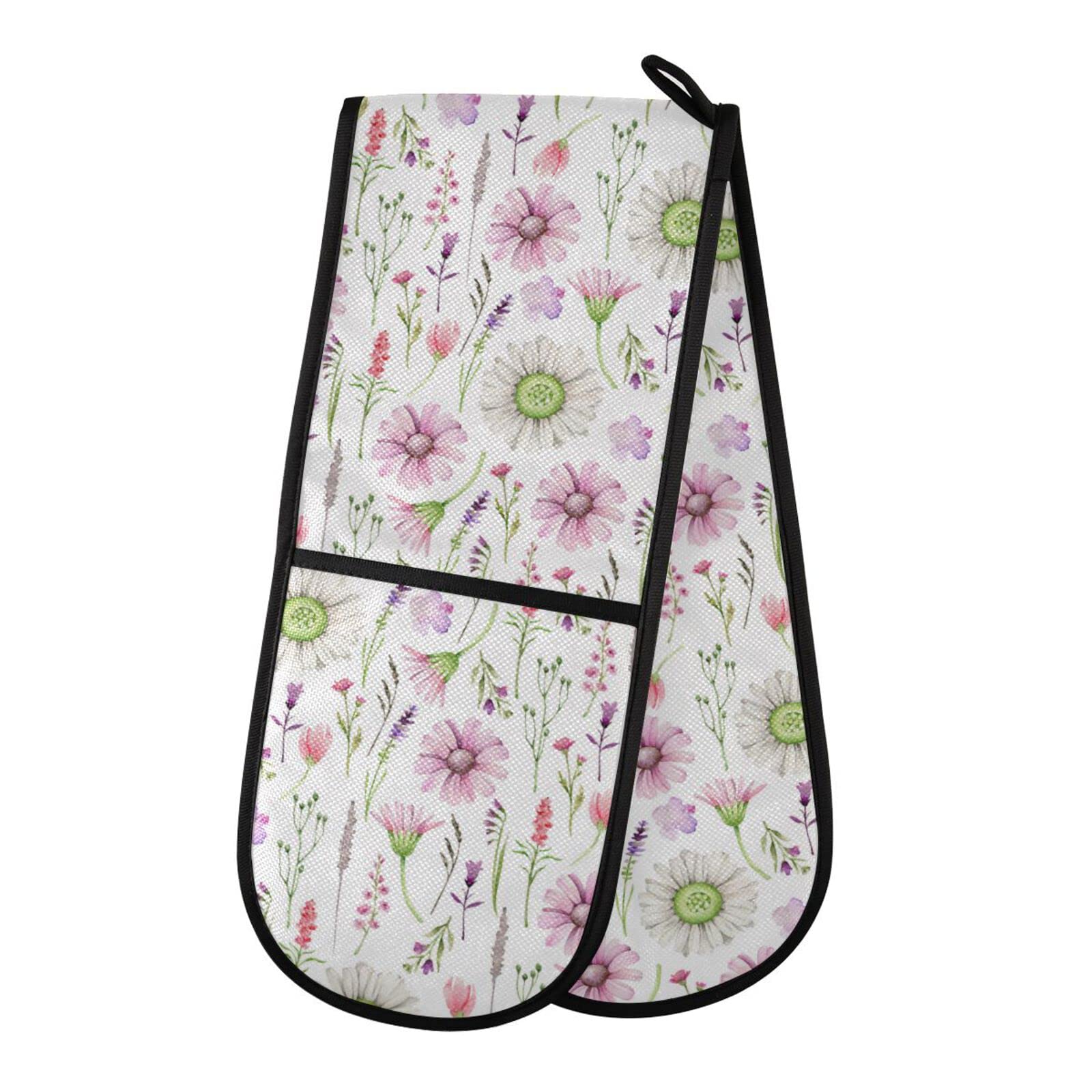 Double Oven Gloves Meadow Wildflowers Heat Resistant Pot Holder Oven Mitt Gloves for BBQ Cooking Baking Grilling Microwave