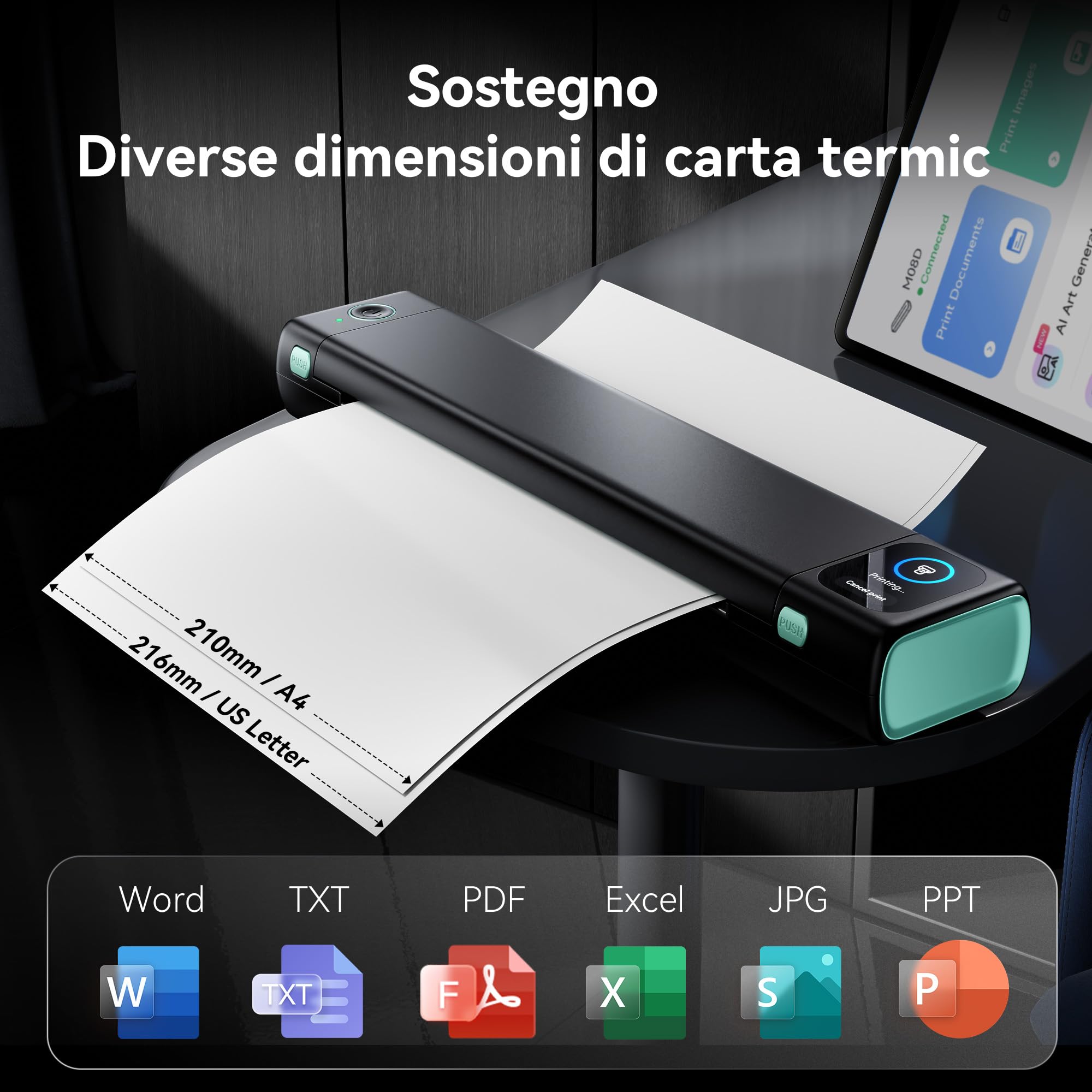 Phomemo Schermo Touch Stampante Portatile A4, Stampante Termica Compatibile con iPhone/PC/USB, Wireless Bluetooth, Stampa Contratti/Ricevute/Documenti, Senza Inchiostro Stampa in Nero e Bianco (M08D)