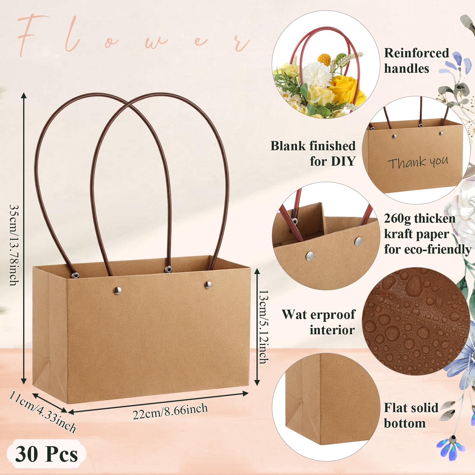 Gilprop Paquete de 30 bolsas de papel kraft para regalo de flores con asa con forro impermeable para regalos de cumpleaños, bodas y fiestas (13.8 x 8.7 x 5.1 x 4.3 pulgadas, marrón)