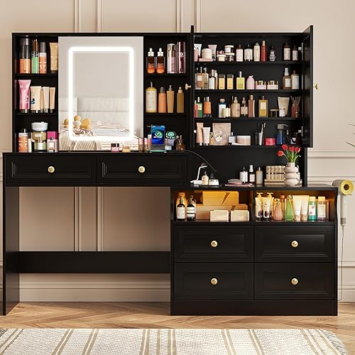 Vabches 58.6" Large Vanity Desk with Sliding Mirror & Lights, Black Makeup Vanity Table & Nightstand Combo with Power Outlet and 6 Drawers 15 Shelves with Light Strips for Bedroom Dressing Room