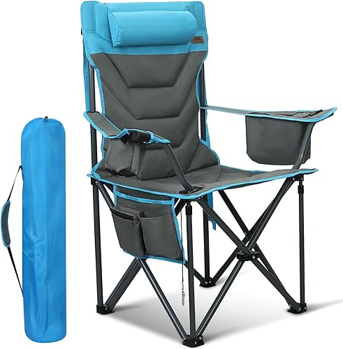 Sillas de campamento de respaldo alto de gran tamaño con almohada, soportes dobles para tazas y bolsa enfriadora, silla plegable resistente al aire