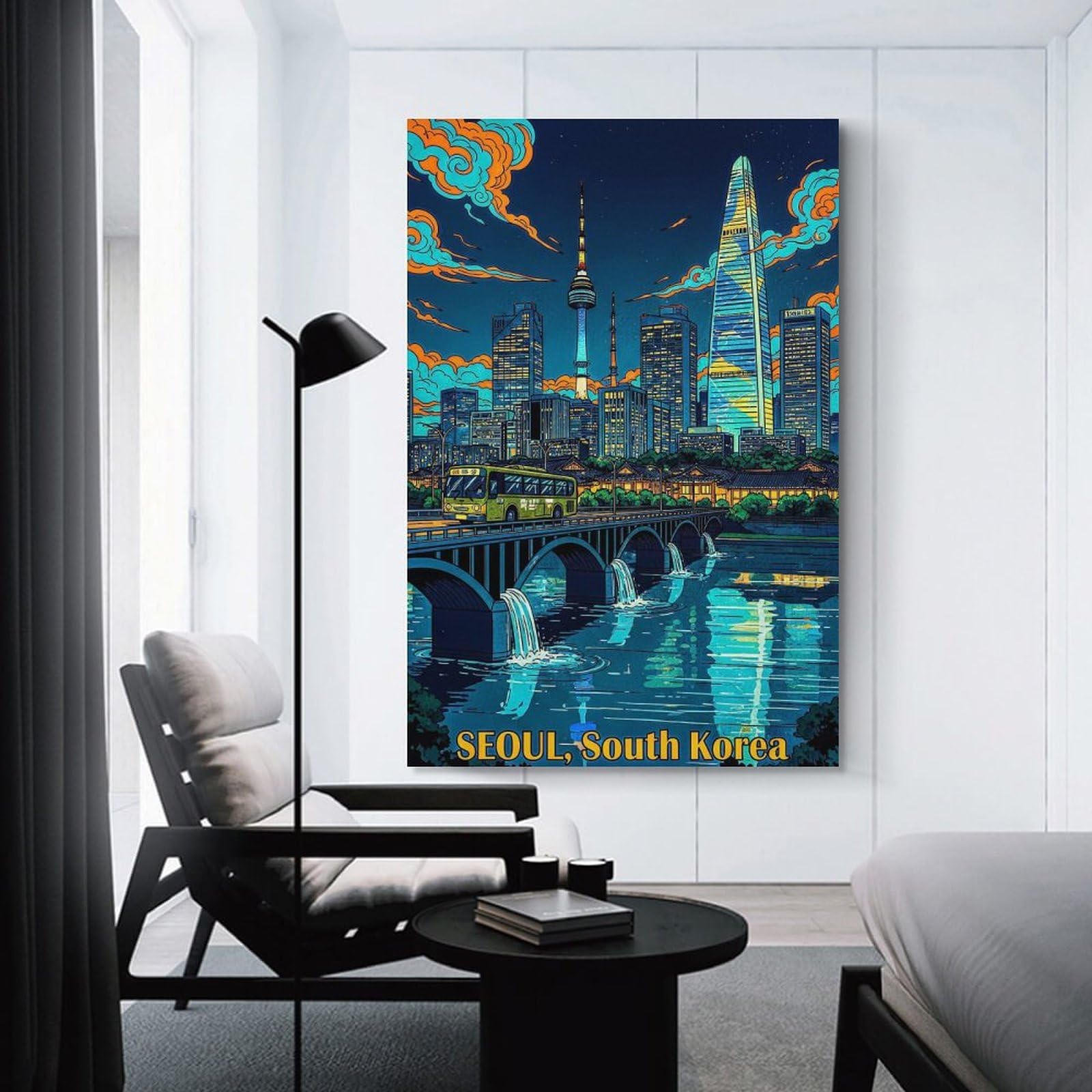 Junmoney Canvas Wall Picture Seoul Cityscape at Night(3), 20x30inch(50x75cm), for Office, Study Or Home Workspace, Canvas Wall Decor for Creative Rooms