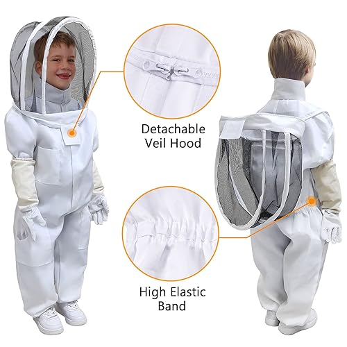 Miniatura 2 de PNKKODW Traje de abeja para niños y niñas, traje de apicultura profesional de cuerpo completo con capucha de velo para hombres y mujeres, apicultor