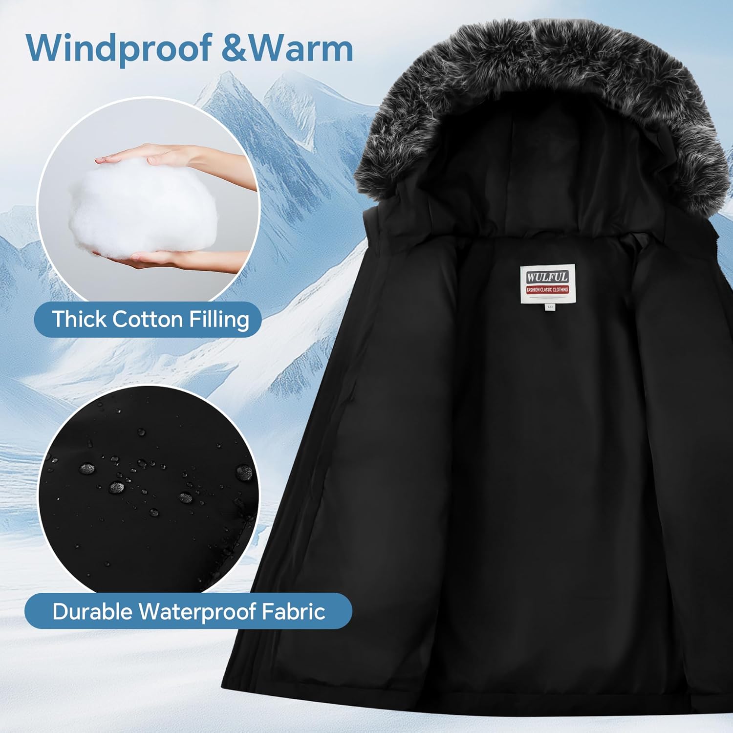 WULFUL Girl’s Winter Parka Coat Long Hooded Waterproof Warm Fleece Puffer Jacket - Image 4