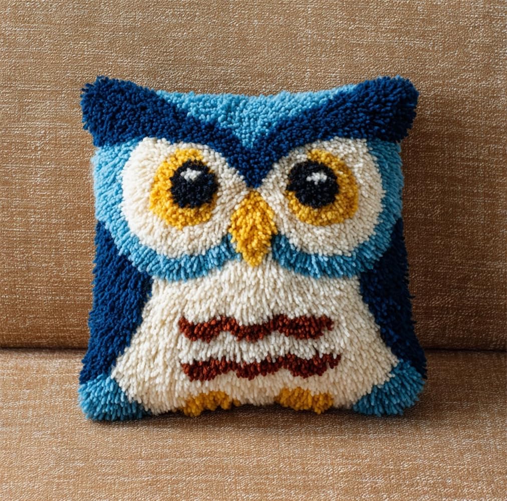 kitphoenix Latch Hook Cushion Kit, Owl Knitting Kits Cushion, Rug Making Kit for Starters, Latch Hook Kit for Beginners Adults Or Children 43X43Cm/17X17 Inch