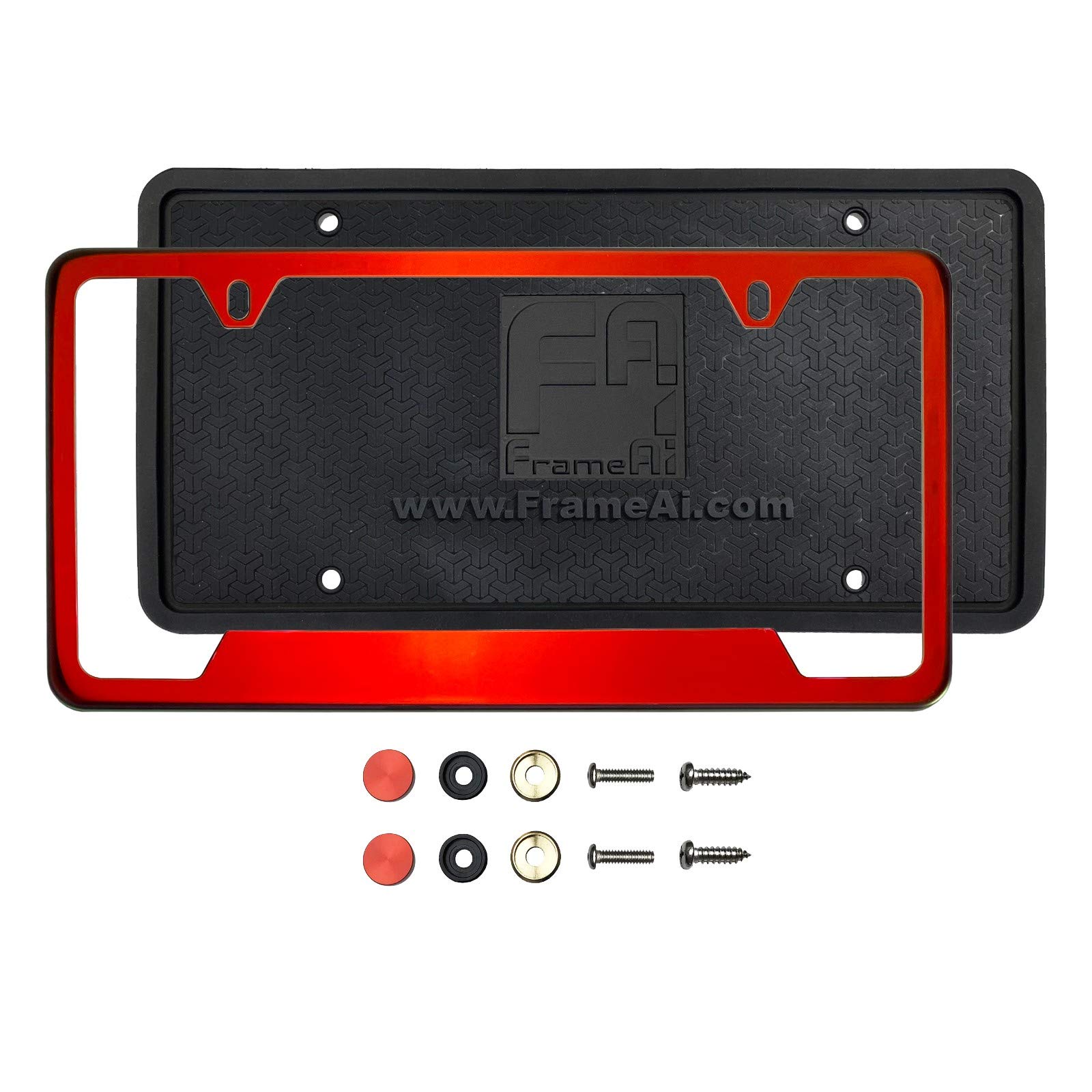 KA DepotSilicone Back Guard Bottom Cut Out License Plate Holder Red Chrome Mirror License Plate Frame T304 Stainless Steel + Metal Screw Caps