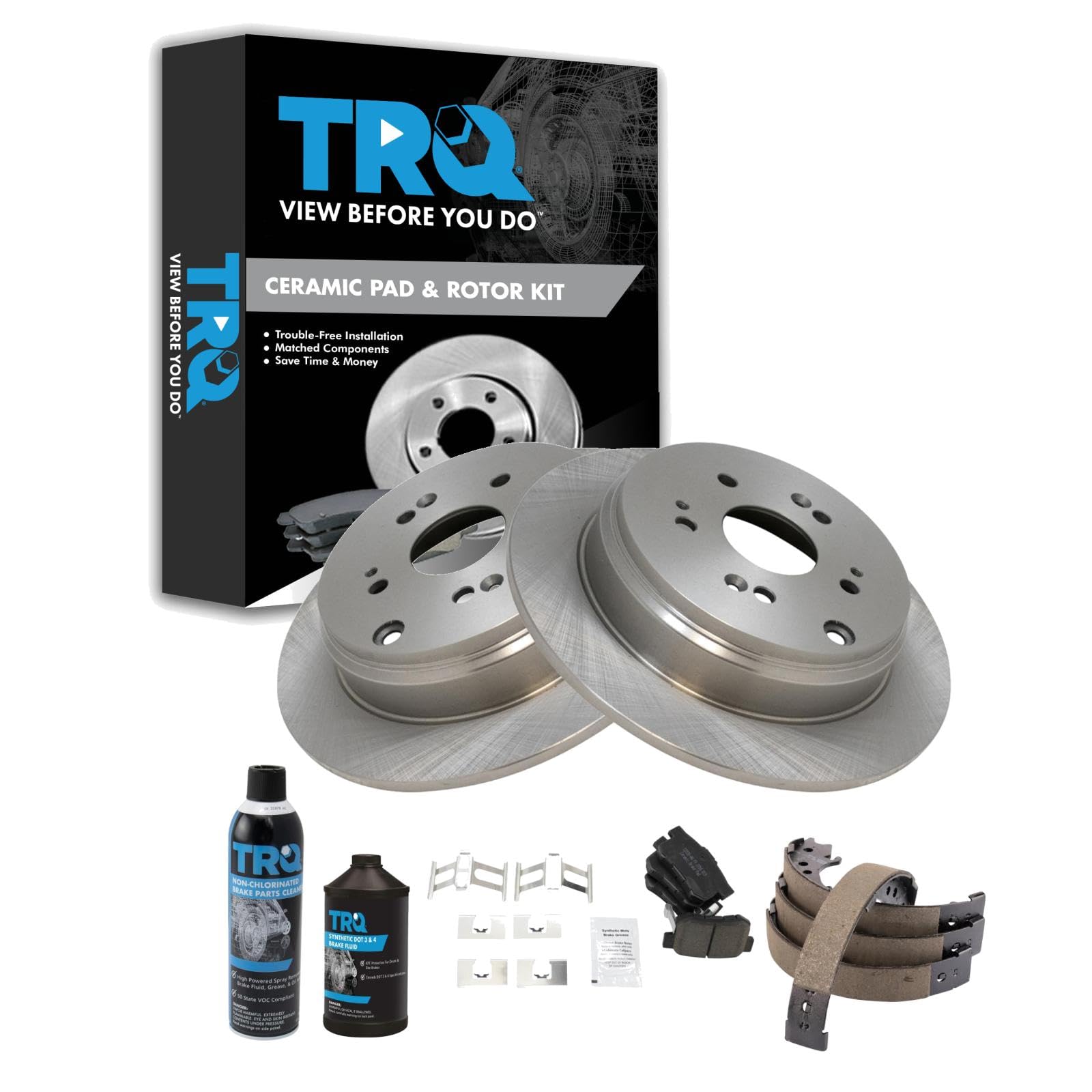 TRQ Rear Brake Pad &amp; Rotor Kit, with Chemical Kit Parking Brake Shoe Set Ceramic Compatible with 2007-2012 Acura RDX