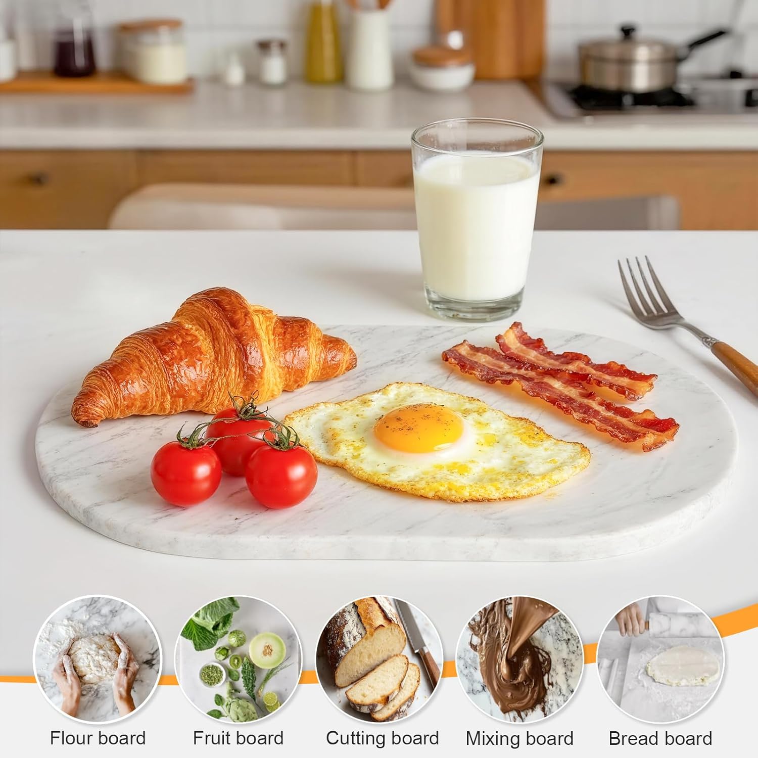 16.5"x9.8" Dual-Sided White Marble Cutting Board for Kitchen - Oval Stone Chopping Board with Anti-Slip Silicone Feet