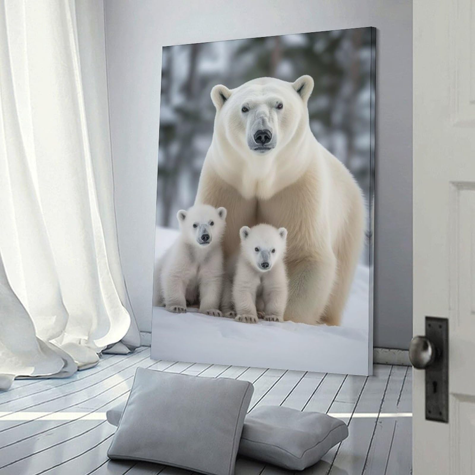 Junmoney Polar Bear With Cubs Wall Picture Print 24x36inch(60x90cm), for Hallway, Lounge Or Guest Room, Gift Idea for Housewarming And Birthdays