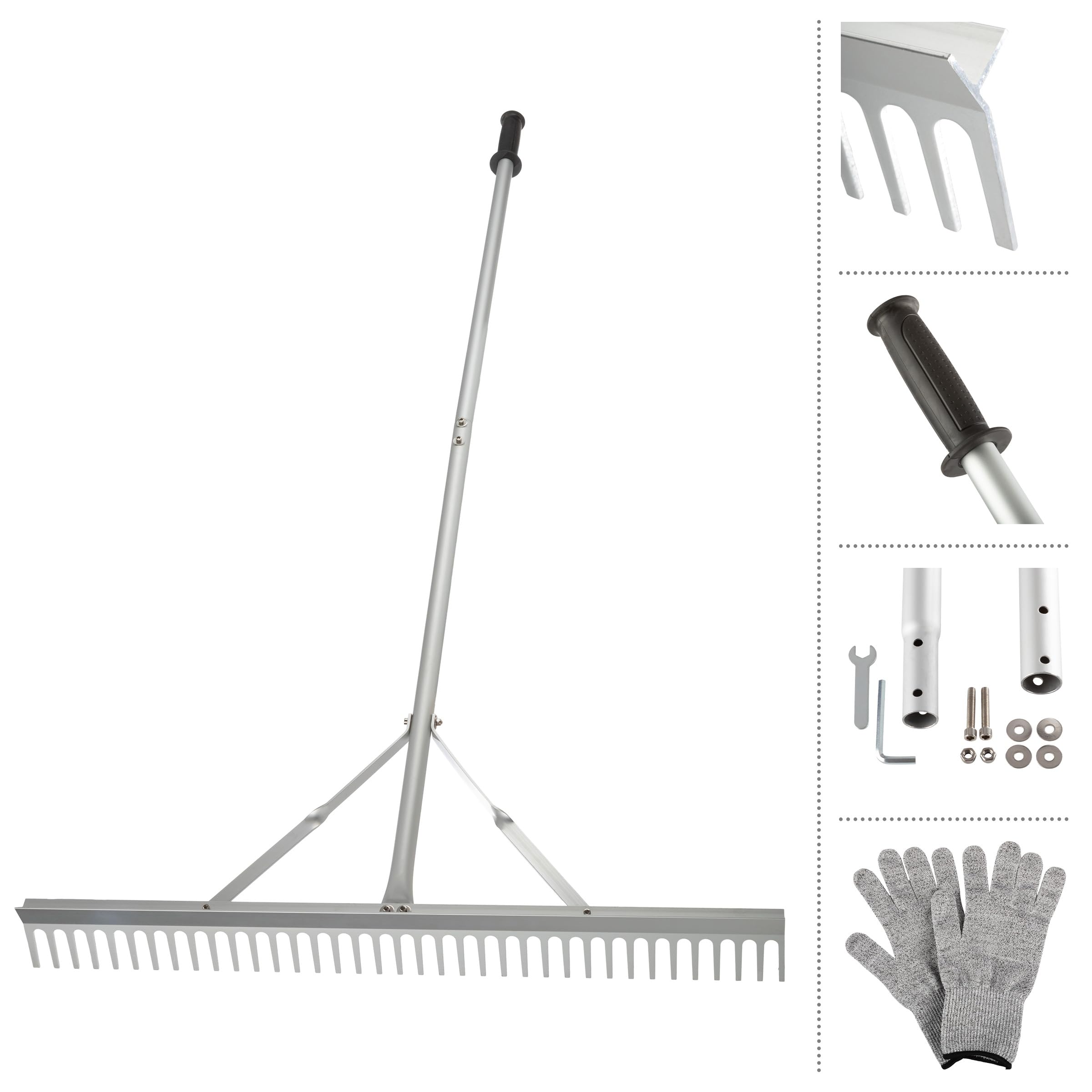Landscape Rake - 36-Inch Head Aluminum Metal Rake and Protective Gloves ...