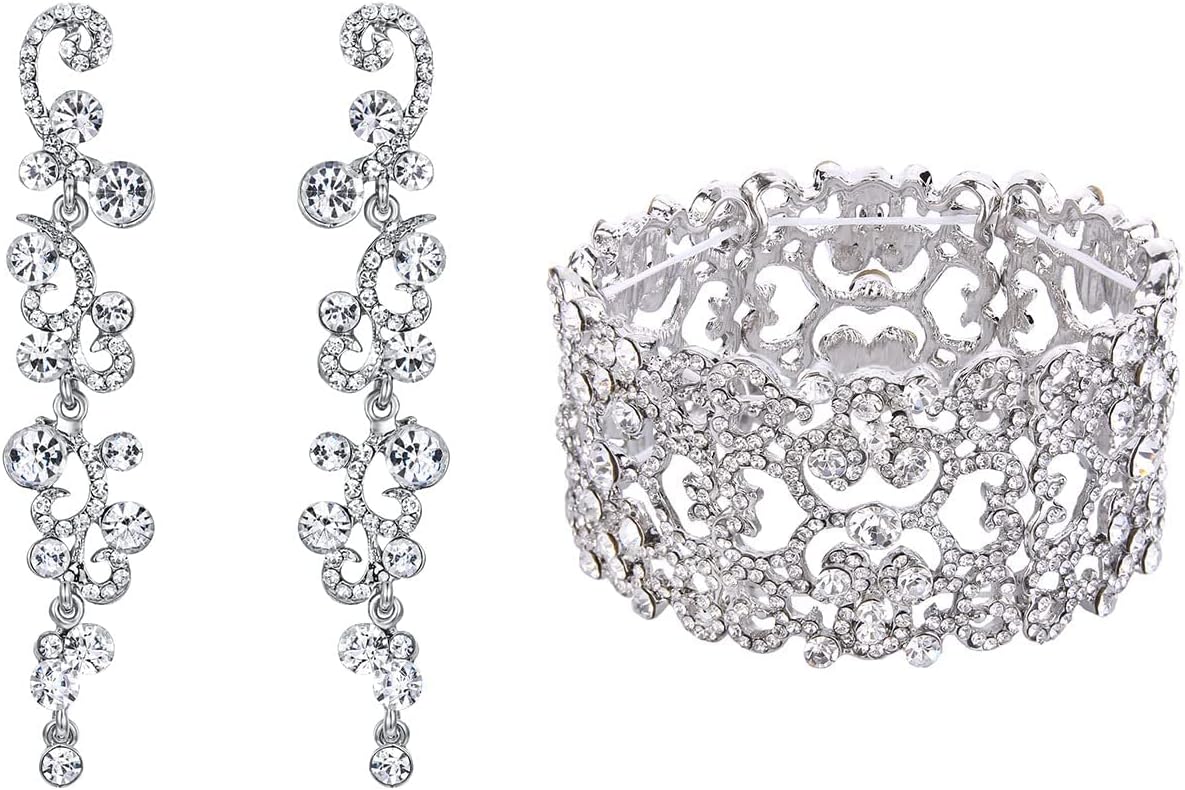 EVER FAITH Women's Austrian Crystal Bride Heart Art Deco Elastic Stretch Bracelet Flower Wave Dangle Earrings Set Clear Silver-Tone