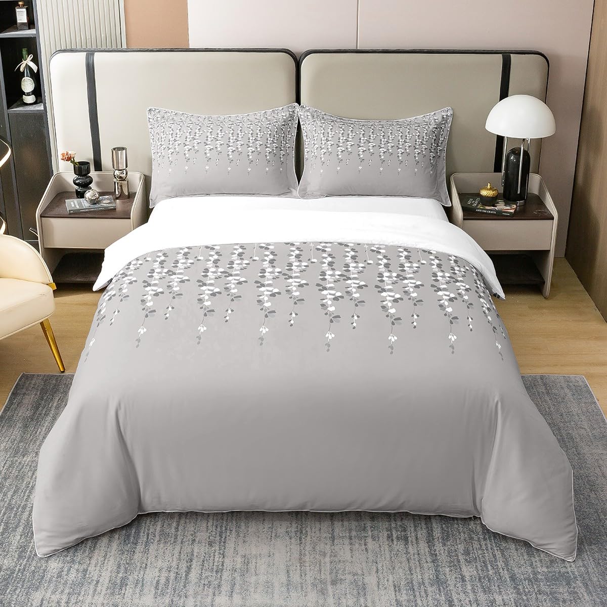 Floral 100% Cotton Duvet Cover Set King Size for Kids Boys Girls Gray Flower Bedding Set Blossom Flower Vine Comforter Cover Set Bedroom Nature Garden Botanical Decor Bedspread Cover