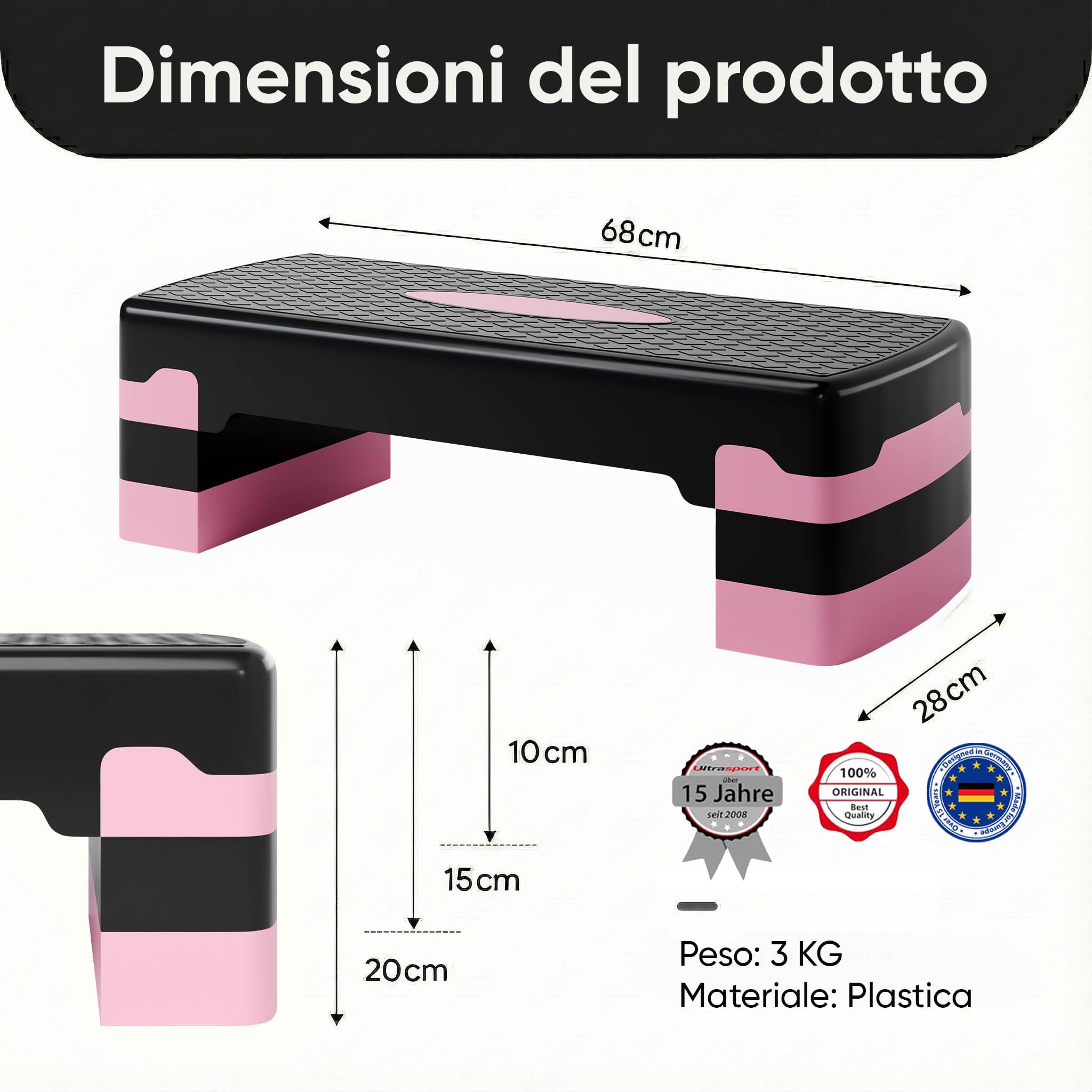 Ultrasport Step Fitness Aerobica Stepper Casa Antiscivolo Regolabile 3 Altezze Stepboard 68 x 28 cm Rosa