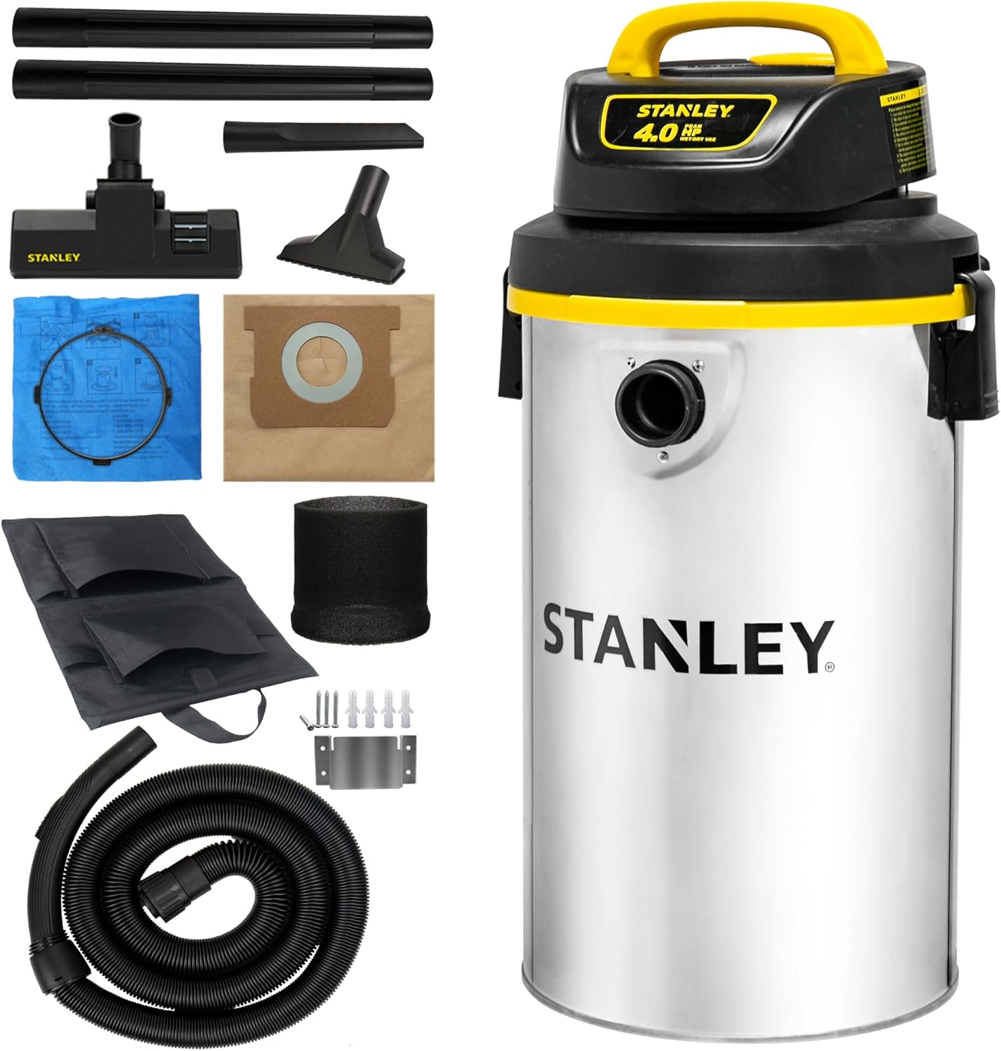 STANLEY Wet Dry Vacuum,4.5 Gallon 4HP Wall Mounted Shop Vac,26 Cleaning Ranging Stainless Steel Tank,Garage/ Home/Upholster/Laundry/Rooms Vacuum SL18133
