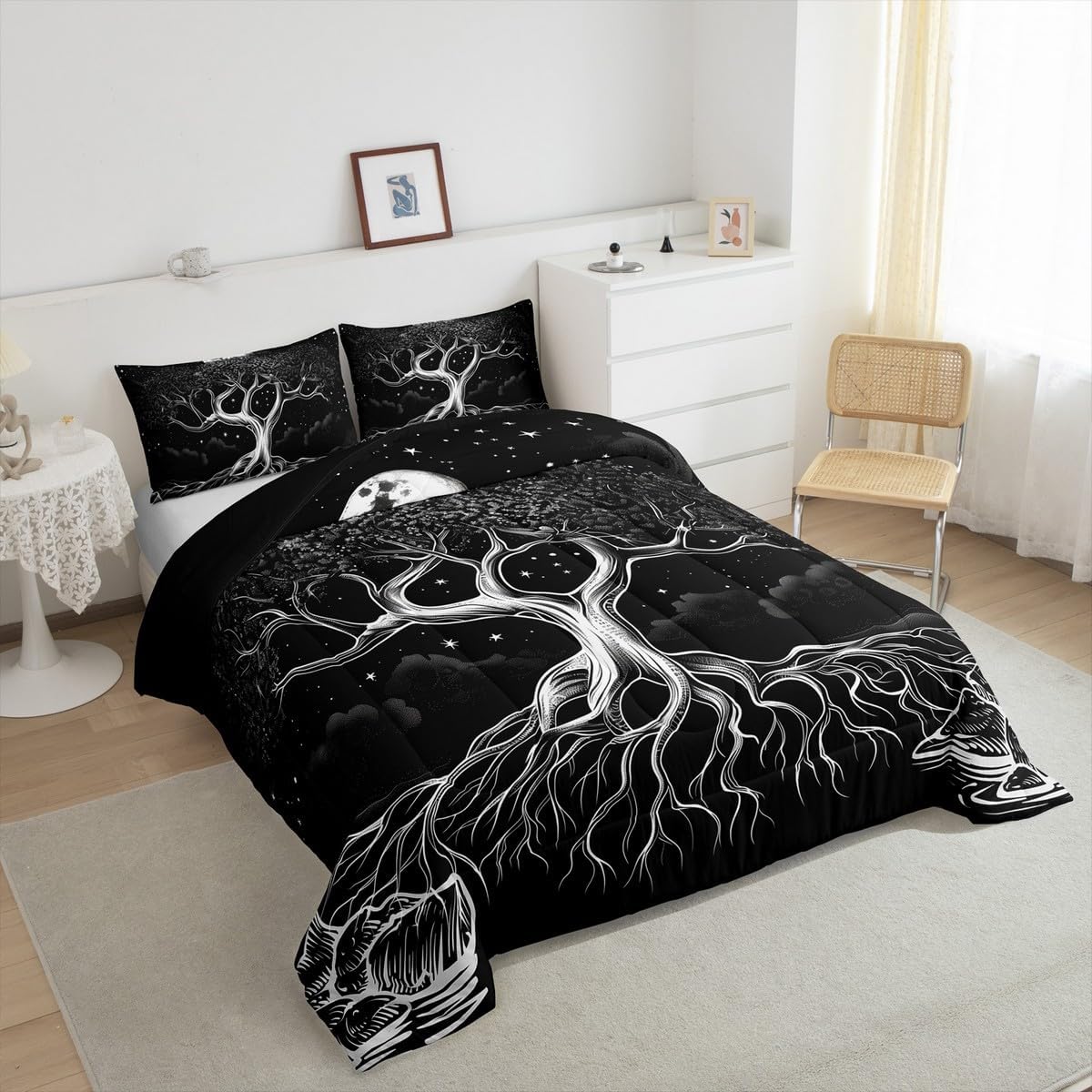 Erosebridal Tree of Life Comforter Set Black and White King Bedding Set,Gothic Quilt Exotic Goth Moon Duvet Insert Galaxy Stars Room Decor