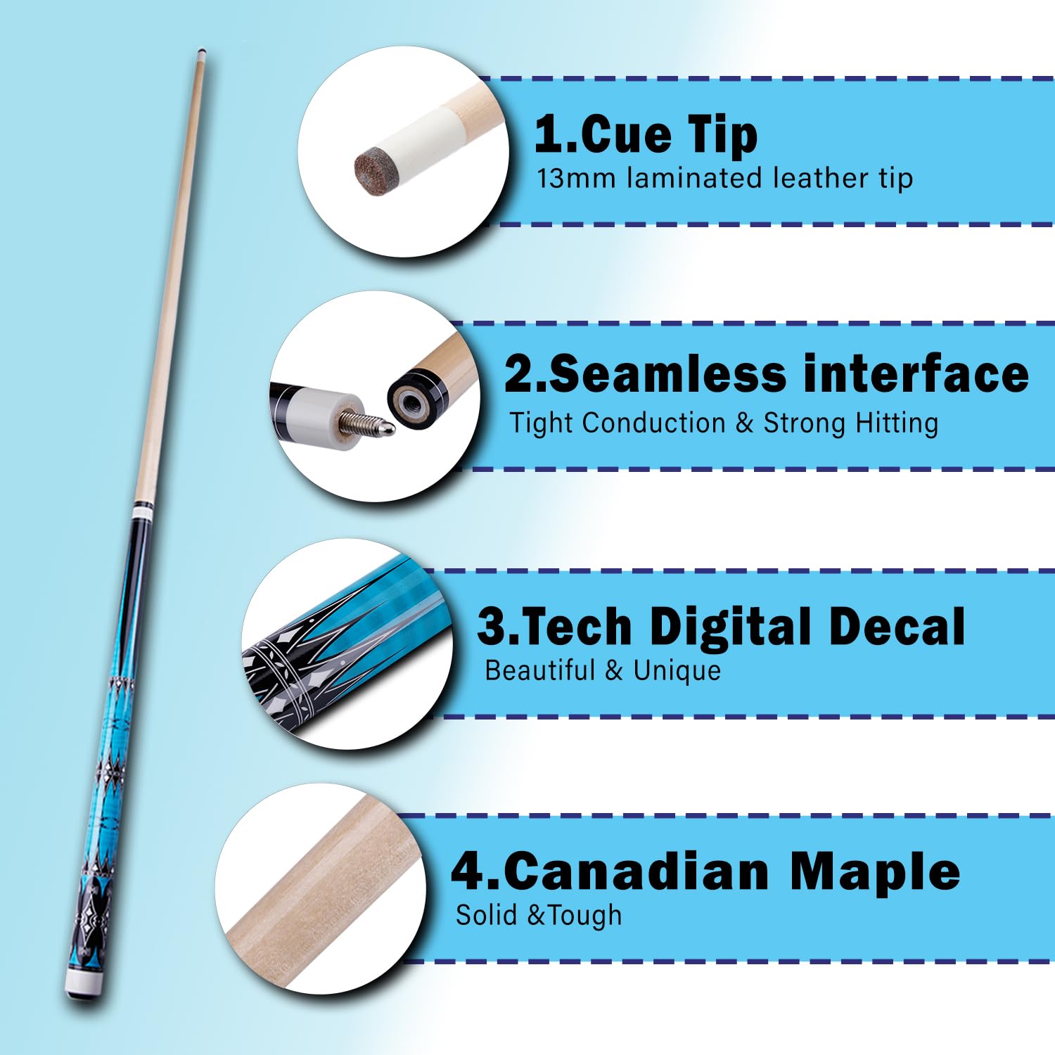 13mm 58 Pollici 19 20 Once Stecche Biliardo Pool,1/2 Maple Pool Cue Stick,Bastone da Biliardo da Bar per Uomini e Donne.