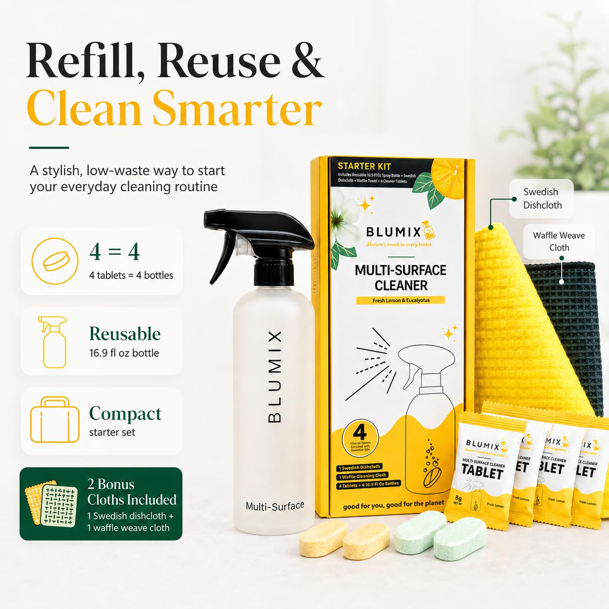 Kit de limpieza multisuperficie: incluye 4 tabletas limpiadoras, botella de spray de 16.9 onzas, paño de cocina sueco y paño de tejido de gofre, solución de limpieza multiusos, aceites