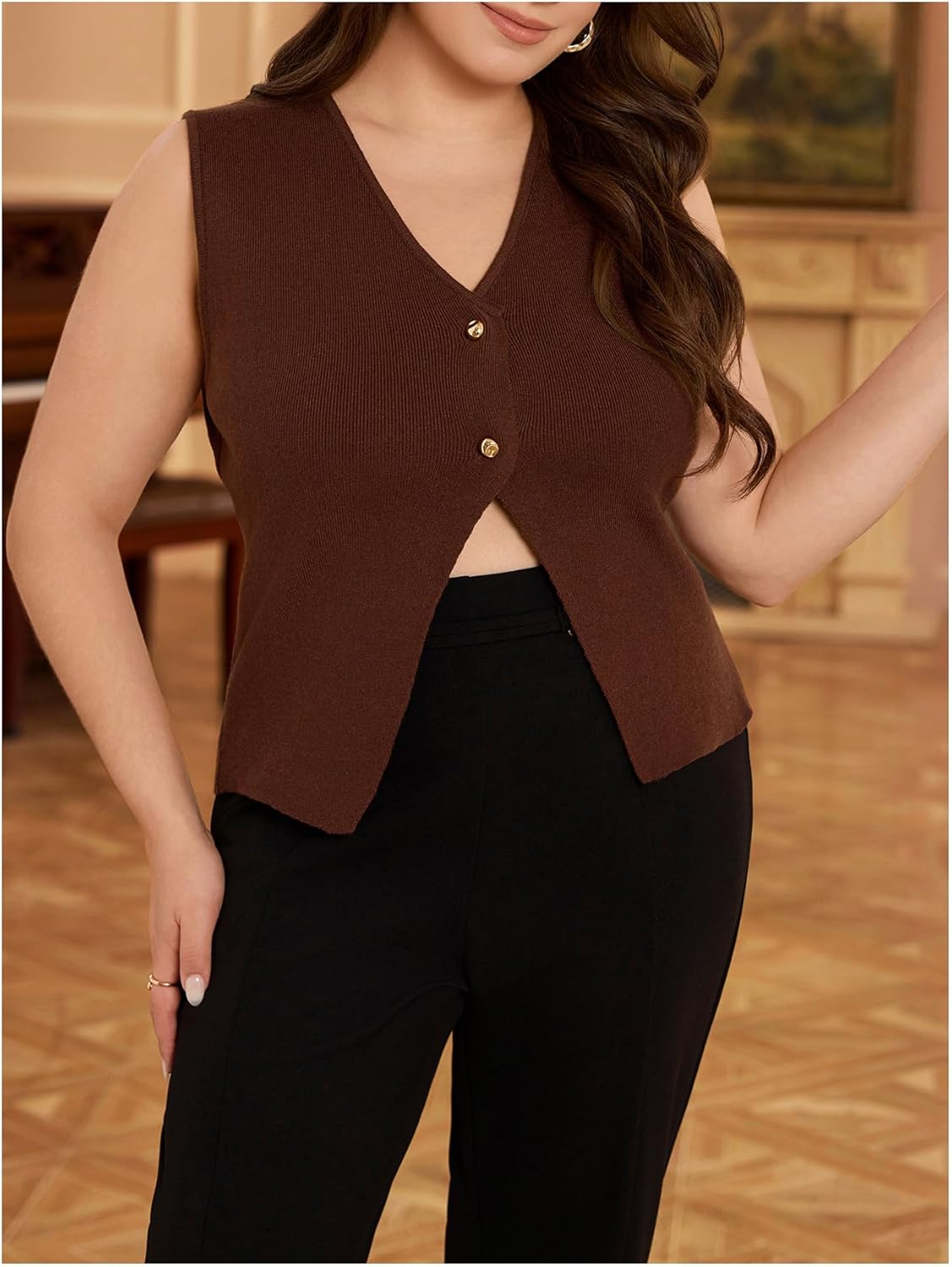 Floerns Women's Plus Size V Neck Sweater Vest Sleeveless Button Up Knitted Pullover - Image 4