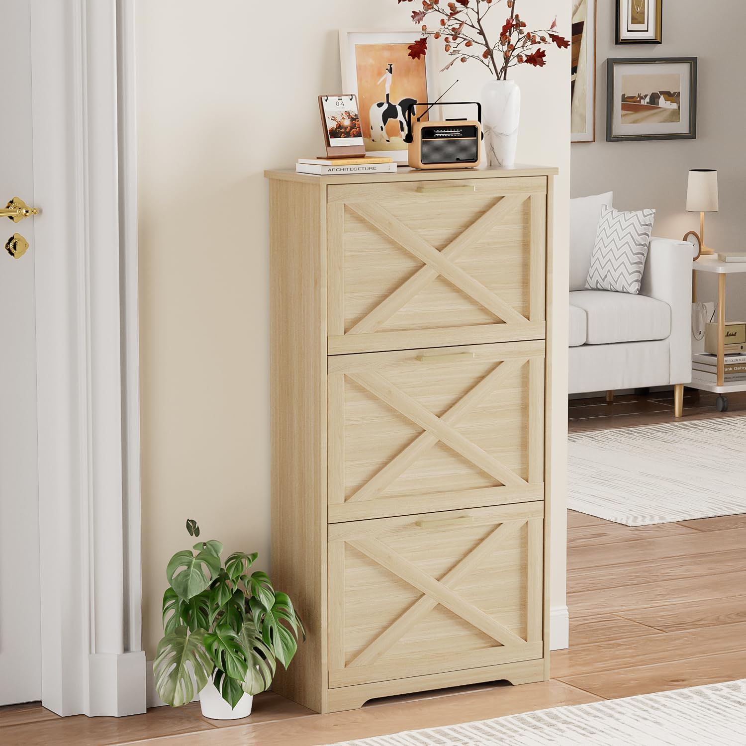 Shoe Cabinet for Entryway with 3 Flip Drawers, 3 Tier Freestanding, Slim Narrow Shoe Organizer Cabinet for Entryway, Hallway, Living Room (Natural Wood)